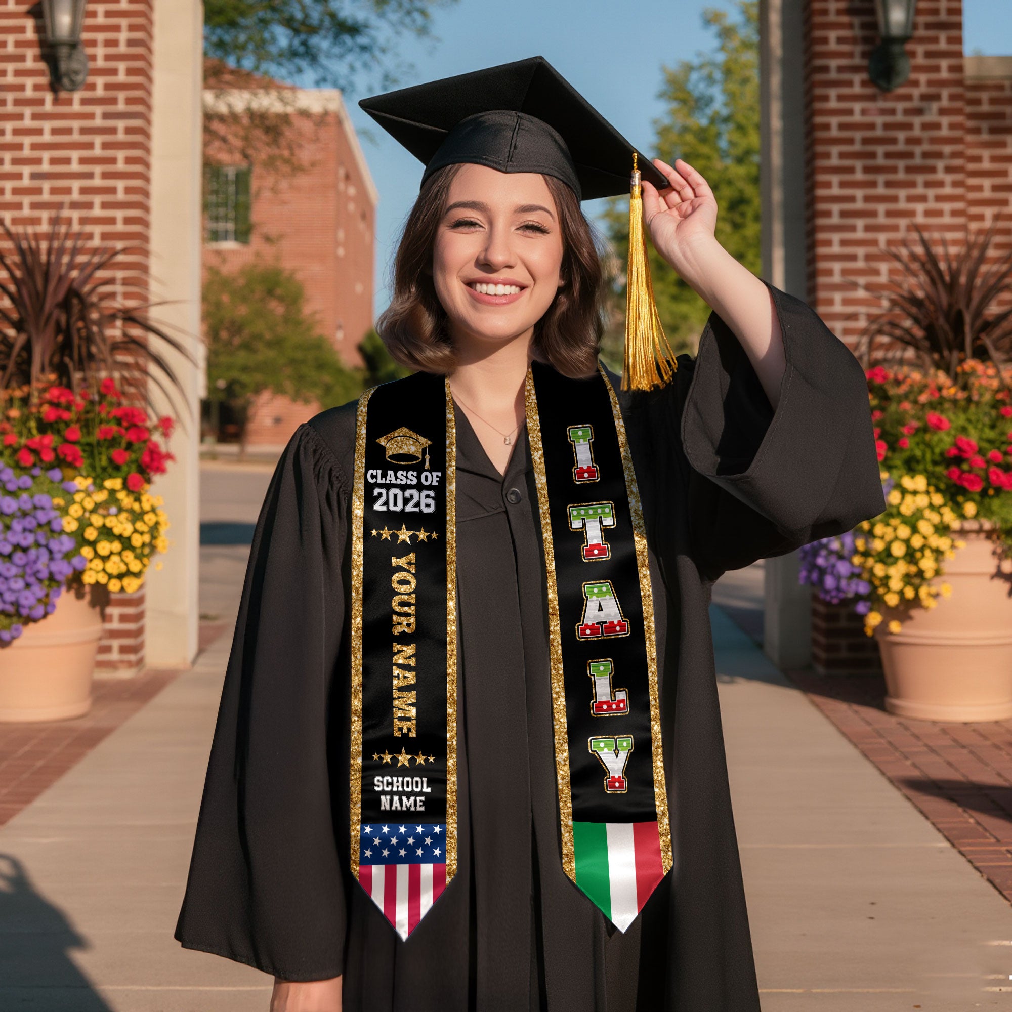 Italy Graduation Stole 2026, Italy Flag Sash, Personal Detail Option for Graduates