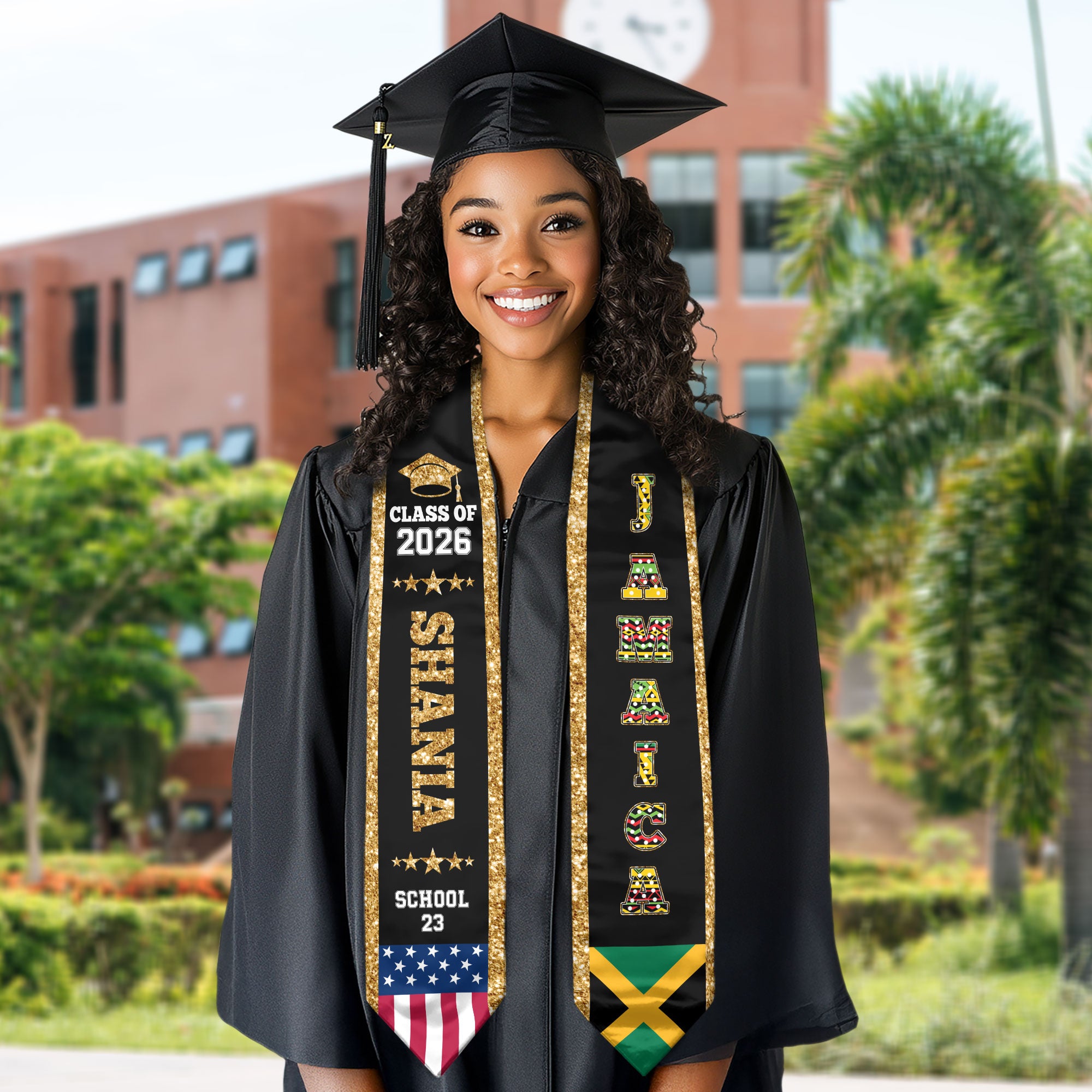 Jamaica Graduation Stole 2026, Jamaica Flag Sash, Personal Detail Option for Graduates
