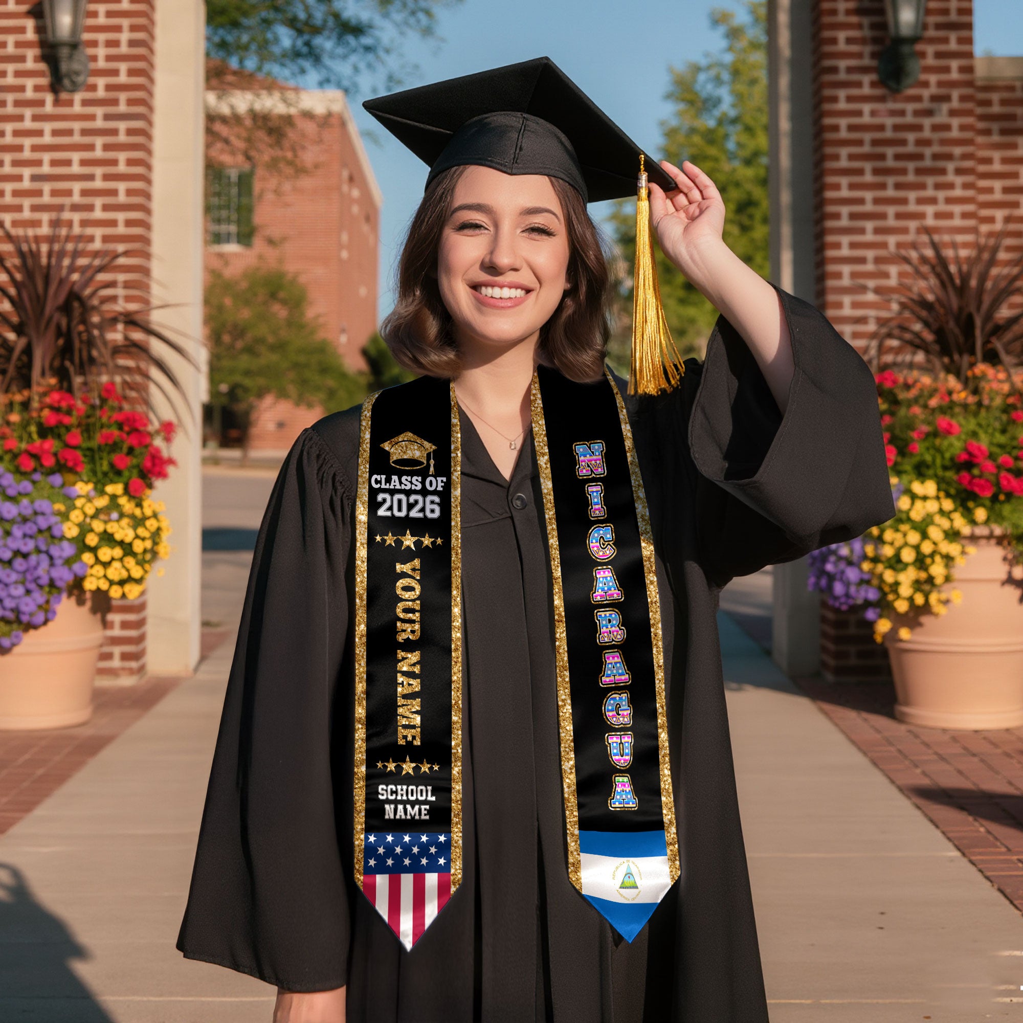 Nicaragua Graduation Stole 2026, Nicaragua Flag Sash, Personal Detail Option for Graduates