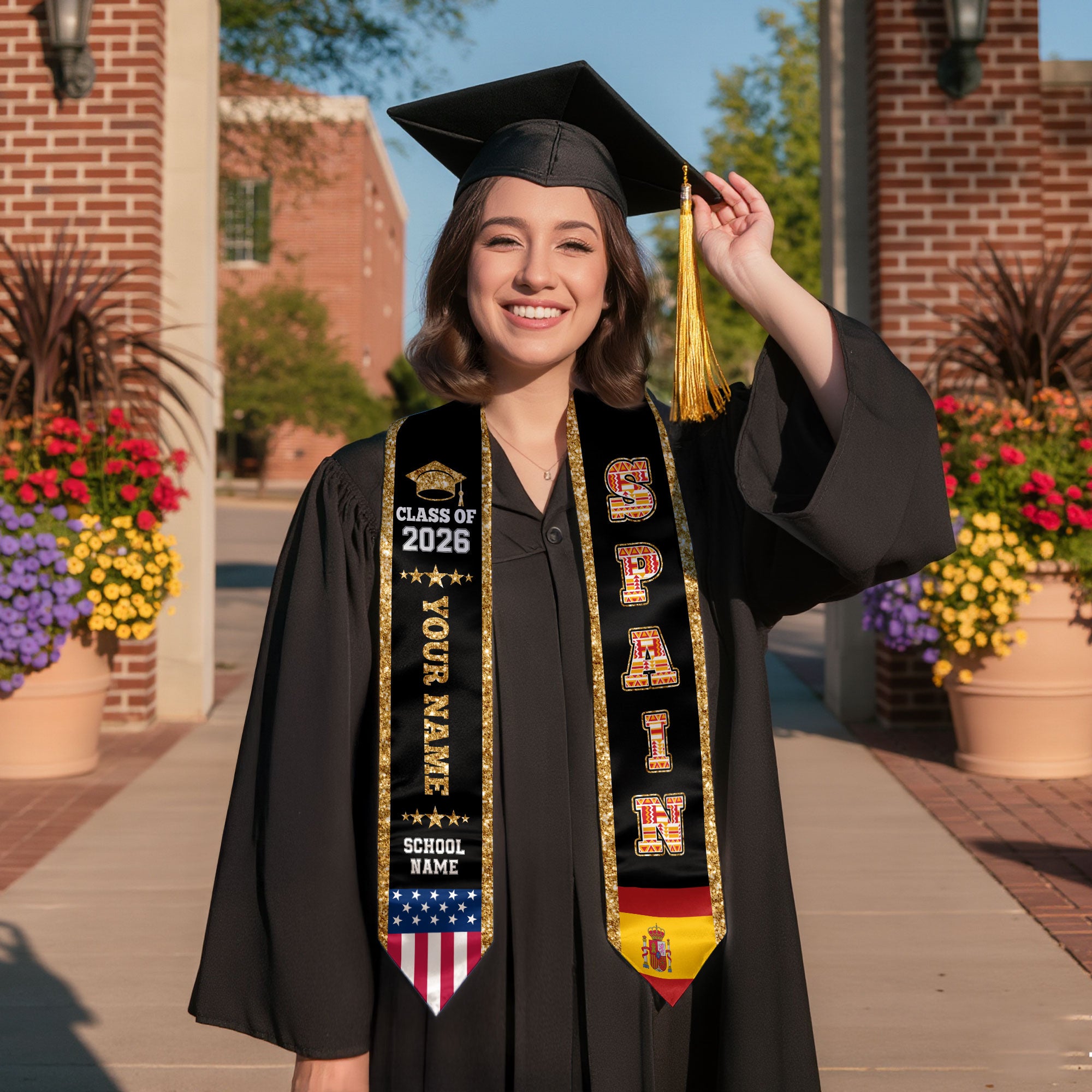 Spain Graduation Stole 2026, Spain Flag Sash, Personal Detail Option for Graduates