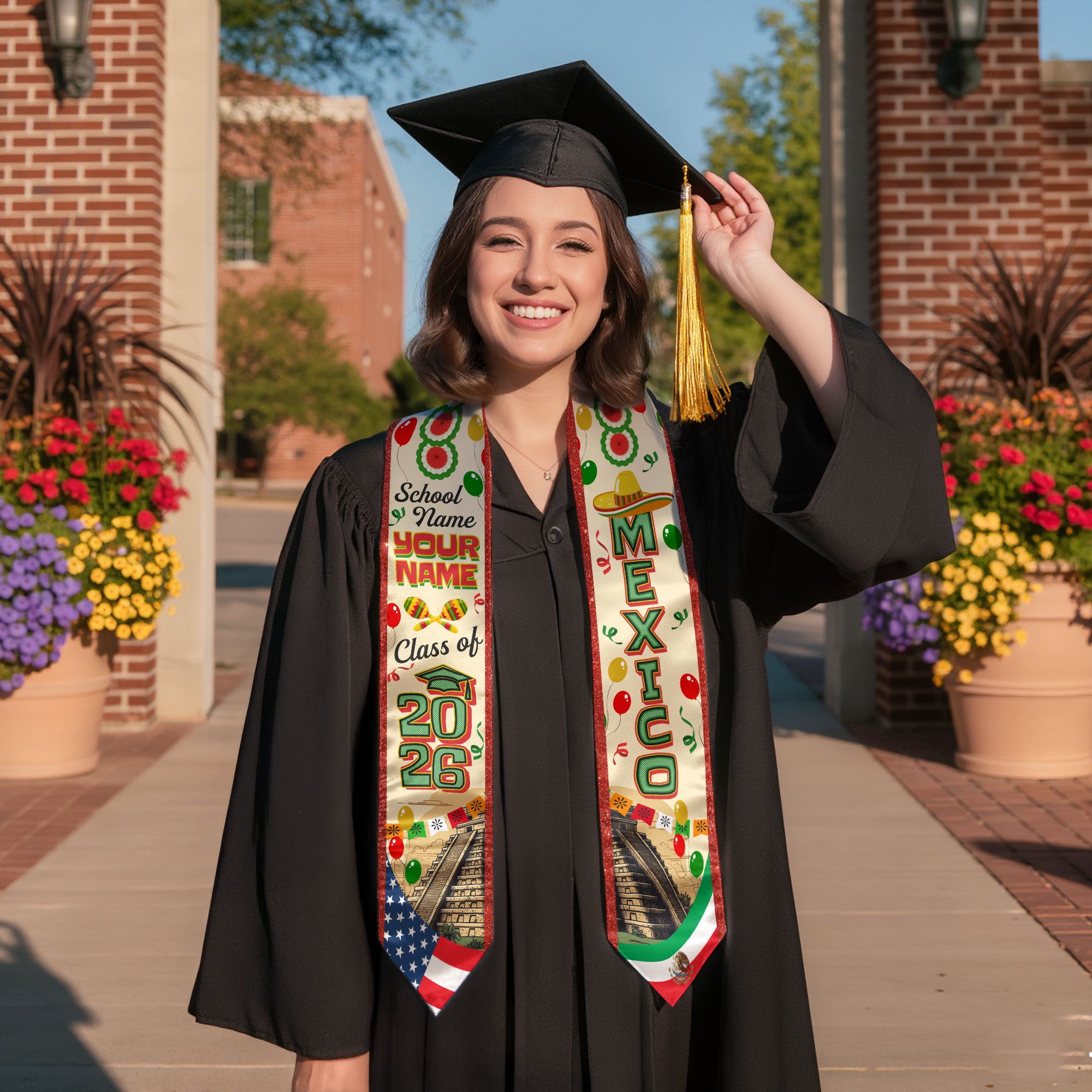 Mexican Graduation Sash 2026, Mexico Flag Stole, Name Detail Option for Ceremony Photos