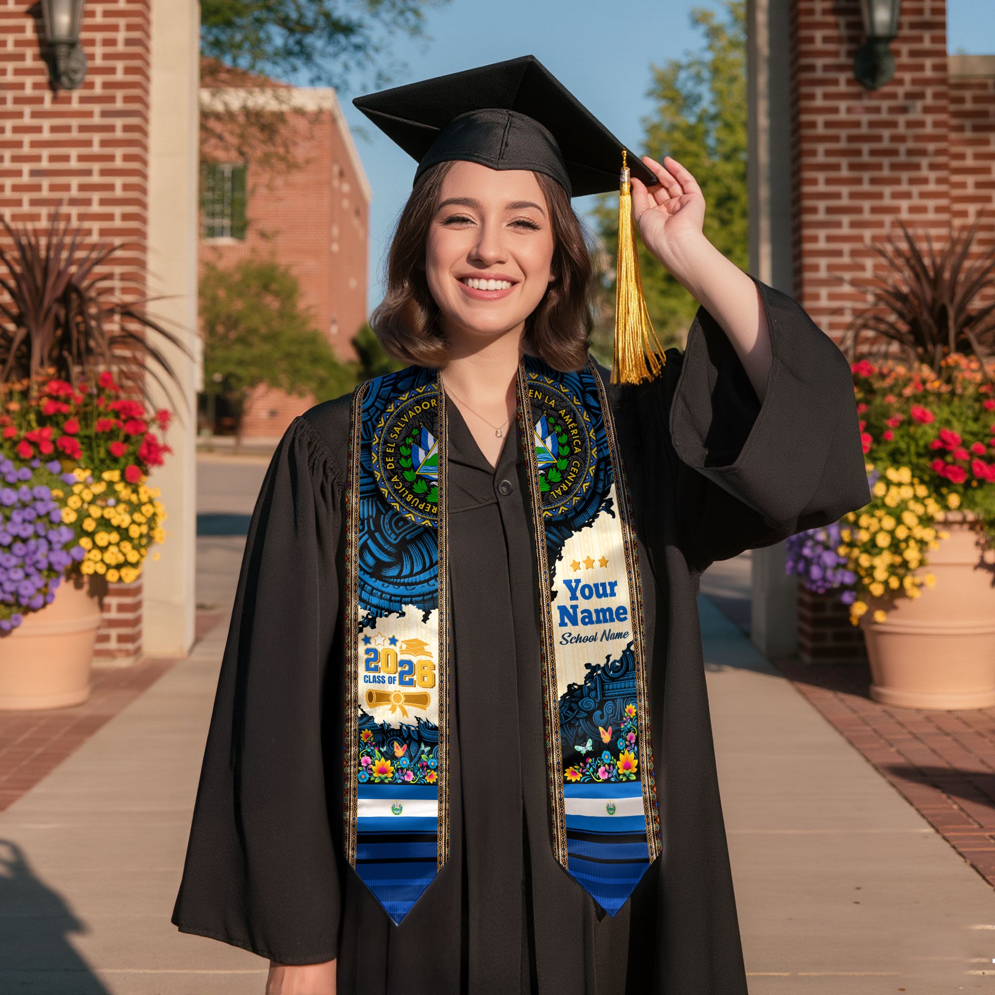 2026 El Salvador Stole, Graduation Sash for El Salvador Pride, Flag-Inspired Sash