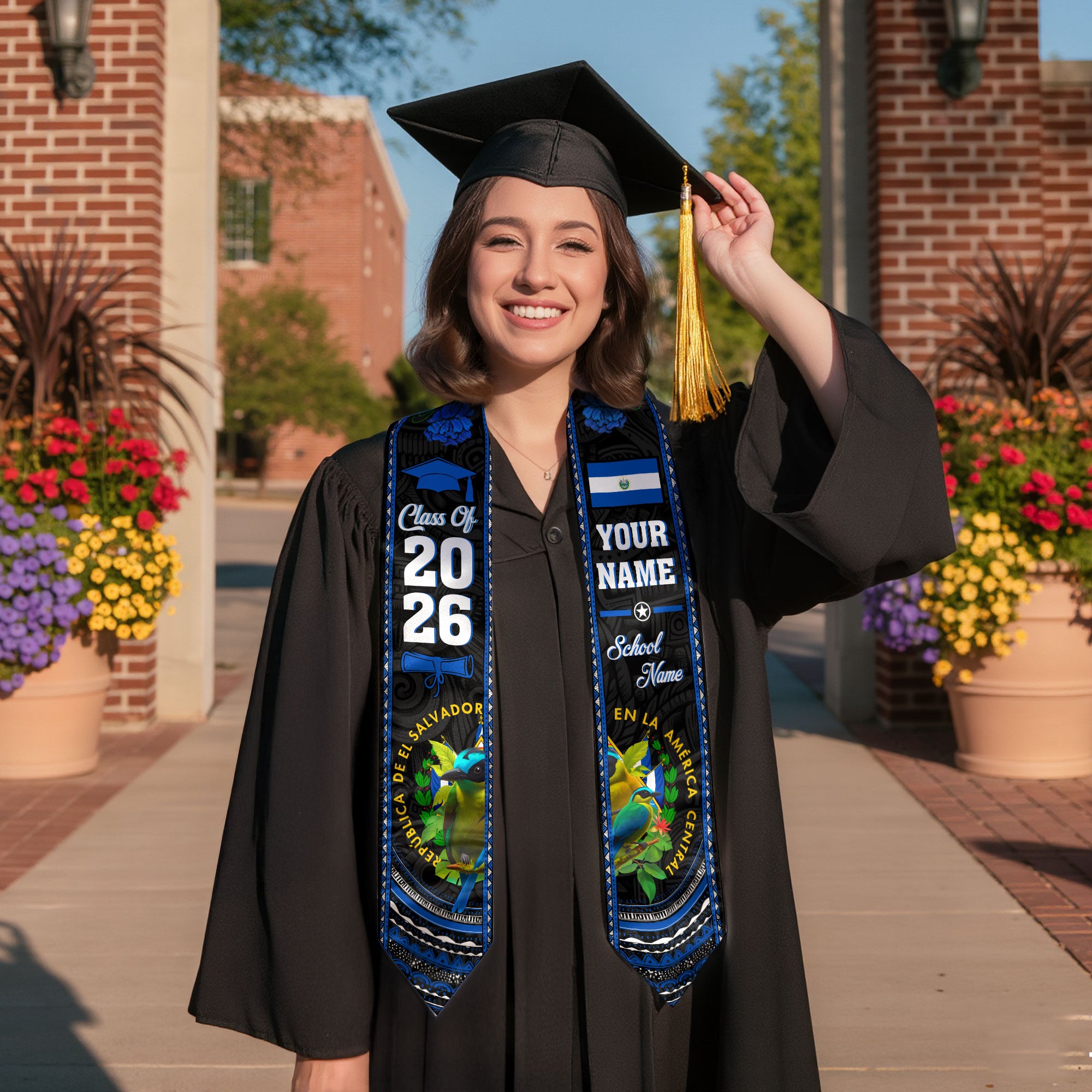 El Salvador Graduation Stole 2026, El Salvador Flag Sash, Personal Detail Option for Grads
