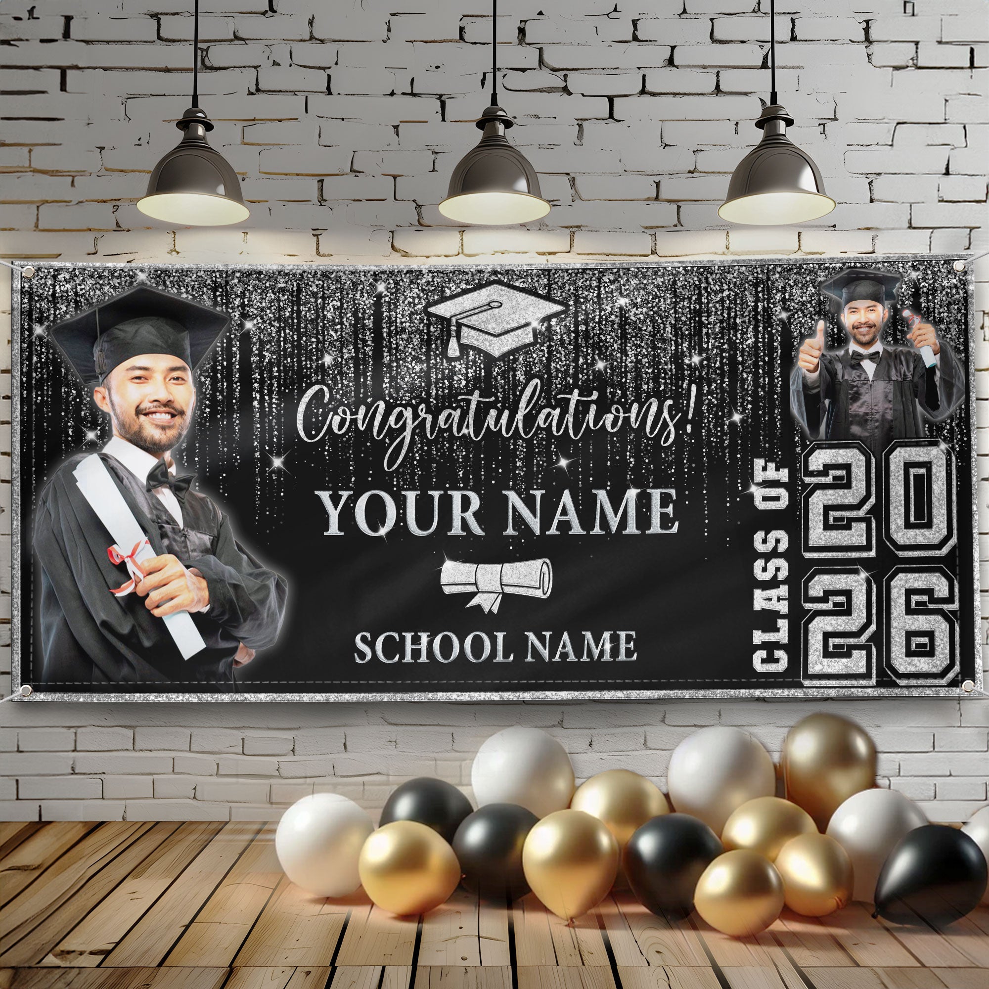 Custom Graduation Banner 2026 Photo Glitter Silver Curtain Pattern Congrats Grad Backdrop Personalized