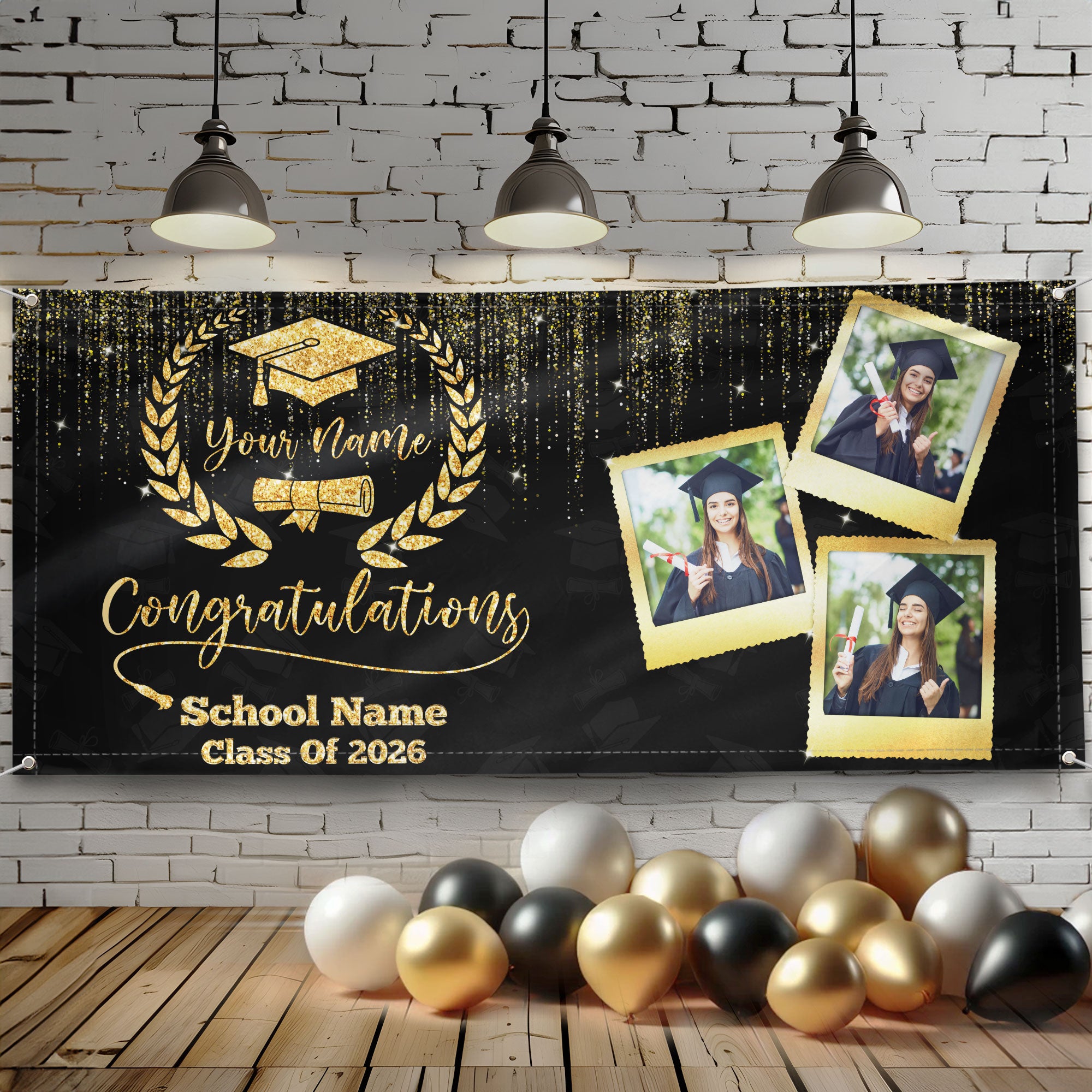 Custom Graduation Banner 2026 Photo Gold Glitter Laurel Pattern Congrats Grad Backdrop Personalized