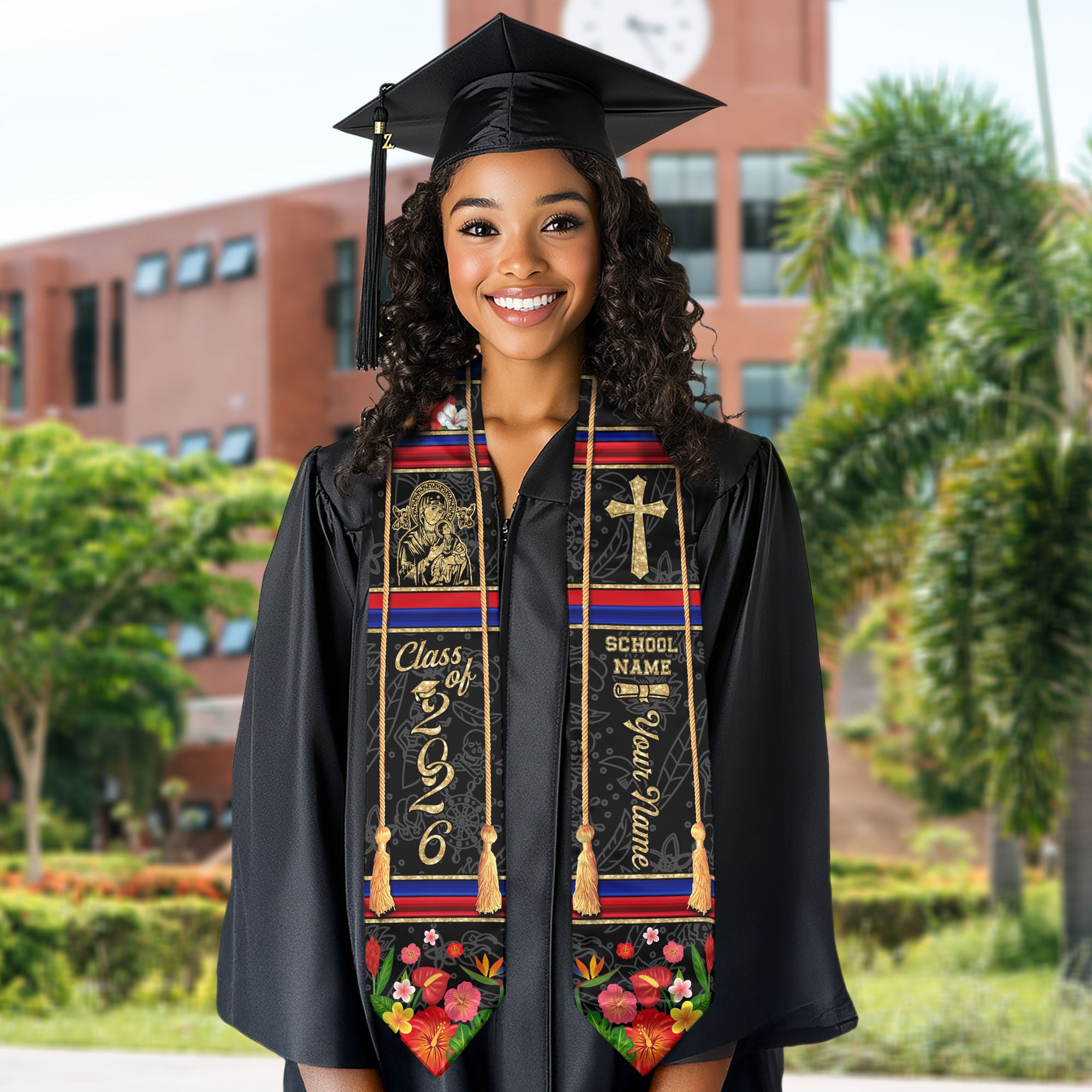 Haitian Graduation Stole 2026, Haiti Flag Sash Stole, Personalized Trim for Graduates