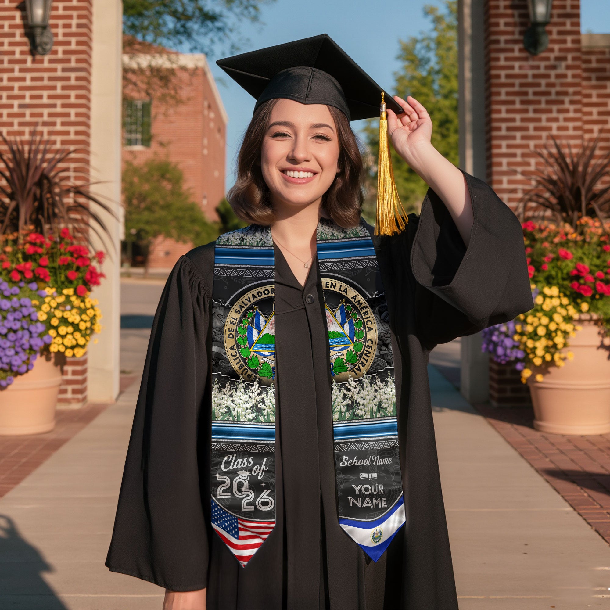 Salvadoran Flag Graduation Sash 2026, El Salvador Grad Stole, Custom Accent Detail