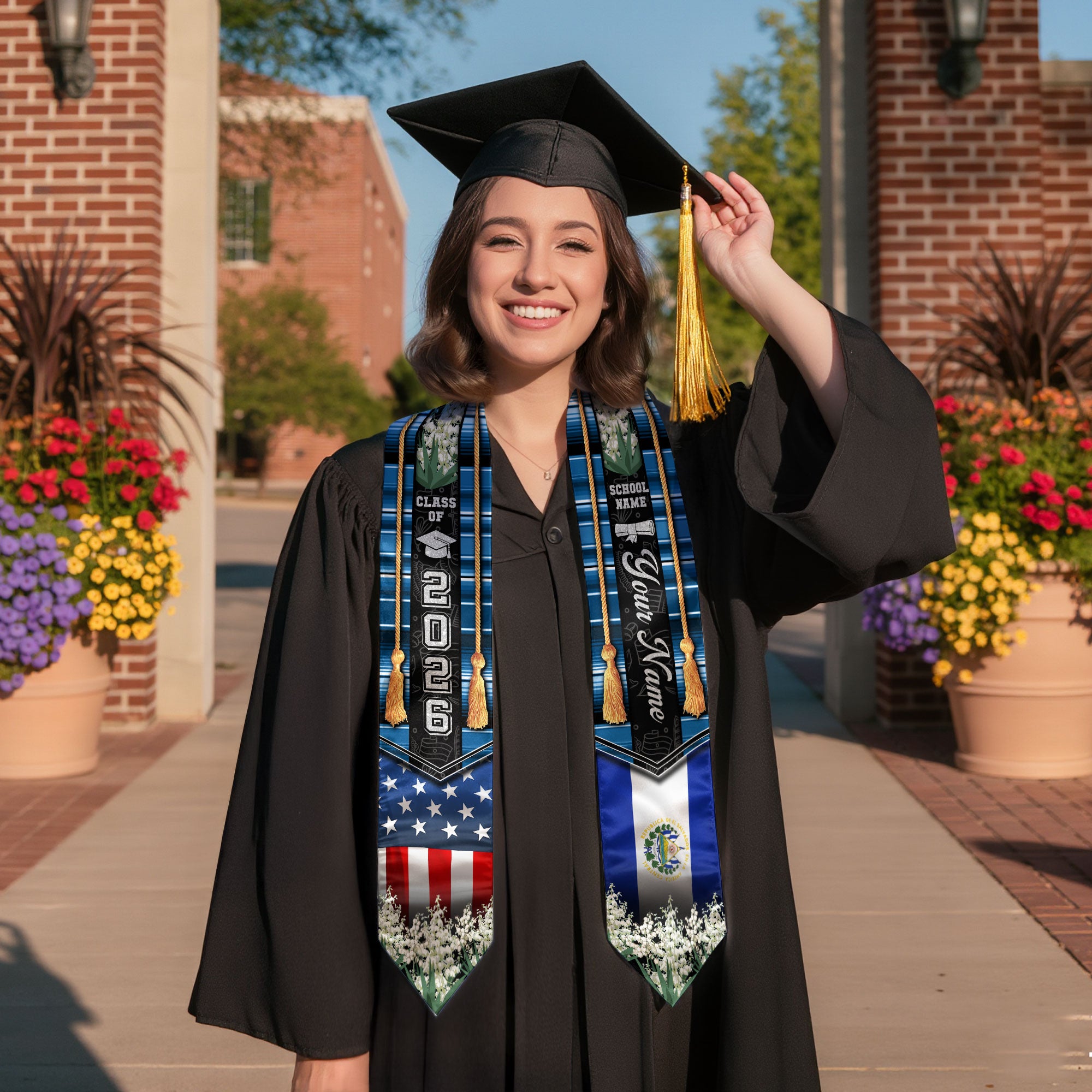 El Salvador Graduation Stole 2026, Salvadoran Flag Sash, Custom Detail for Graduates