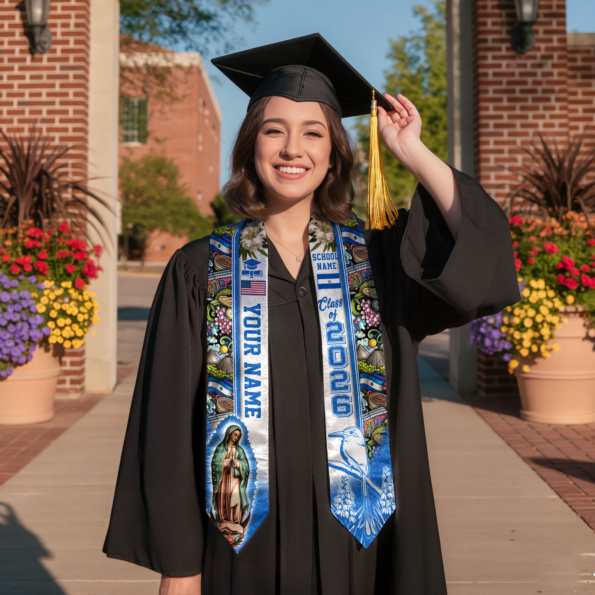 Salvadoran Flag Graduation Stole 2026, El Salvador Graduation Sash, Custom Trim for Grads