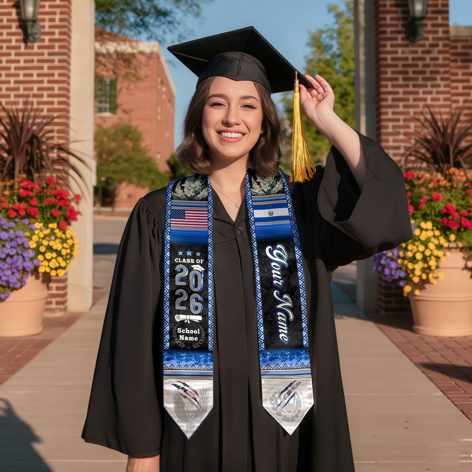 El Salvador Flag Graduation Stole 2026, Salvadoran Grad Sash, Signature Finish for 2026