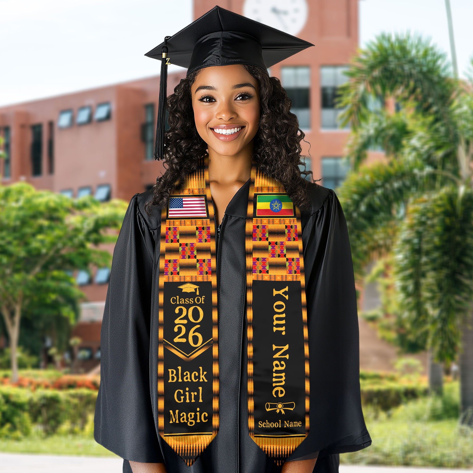 Customized Graduation Stole Ethiopia Showcasing Cultural Flag Pride Pattern, Graduation Sash Class of 2026