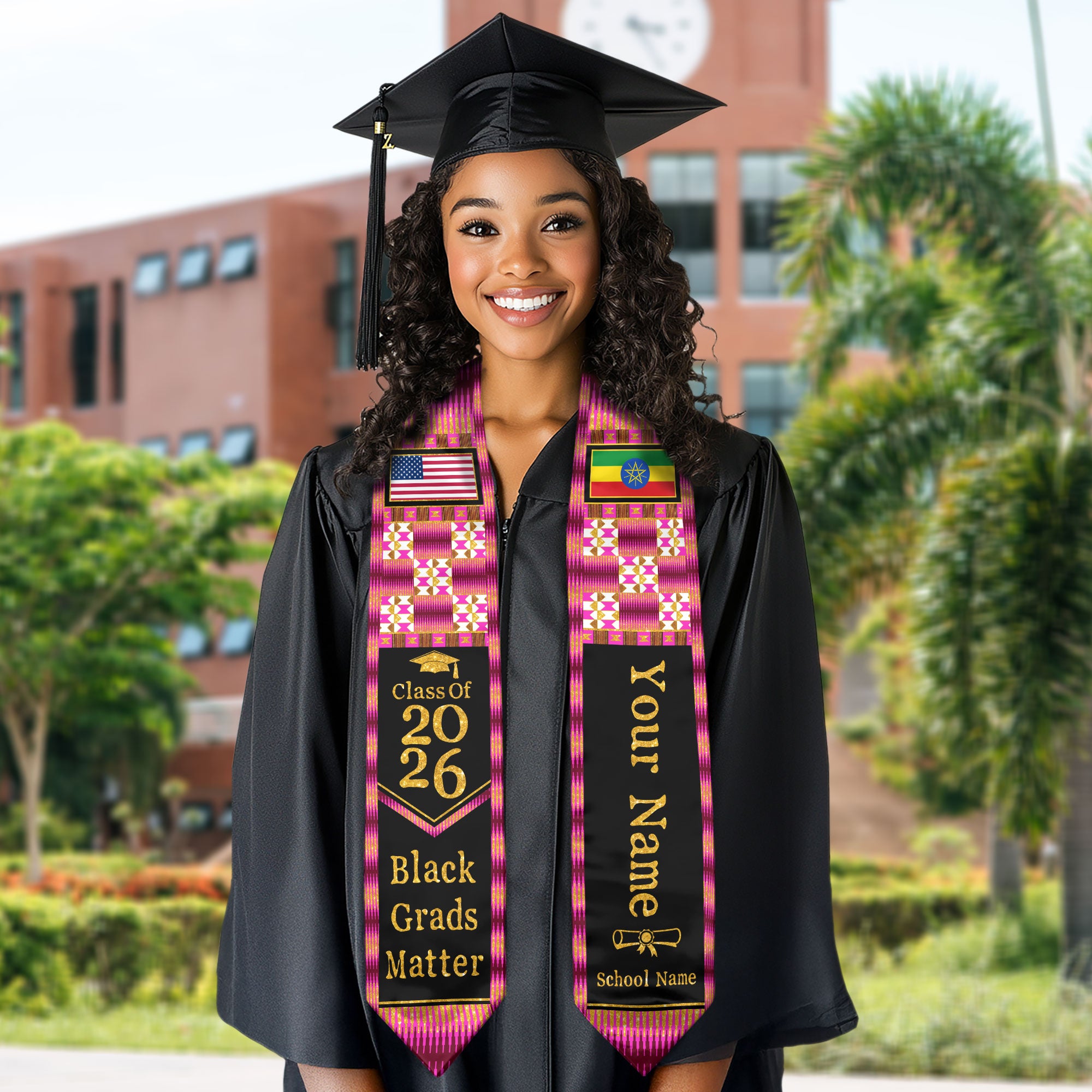 Customized Ethiopia Graduation Stole Highlighting Traditional Flag Motif, Graduation Sash for Class of 2026