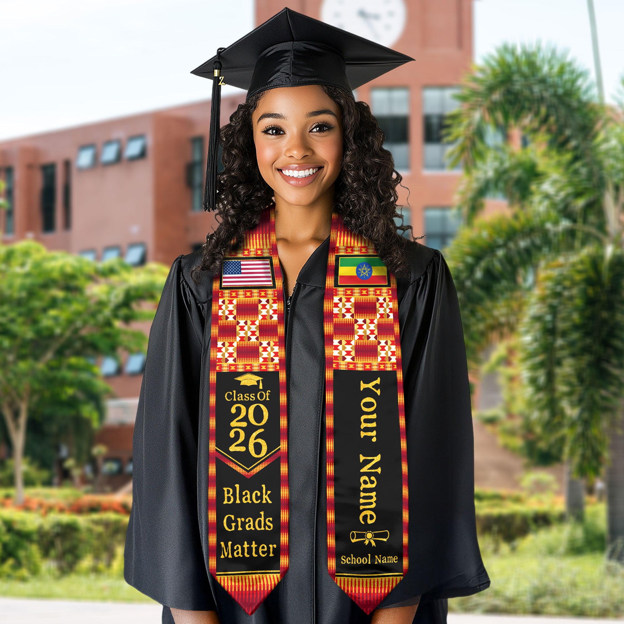 Customized Ethiopian Graduation Sash with Flag Identity Theme, Ceremony Stole Class of 2026