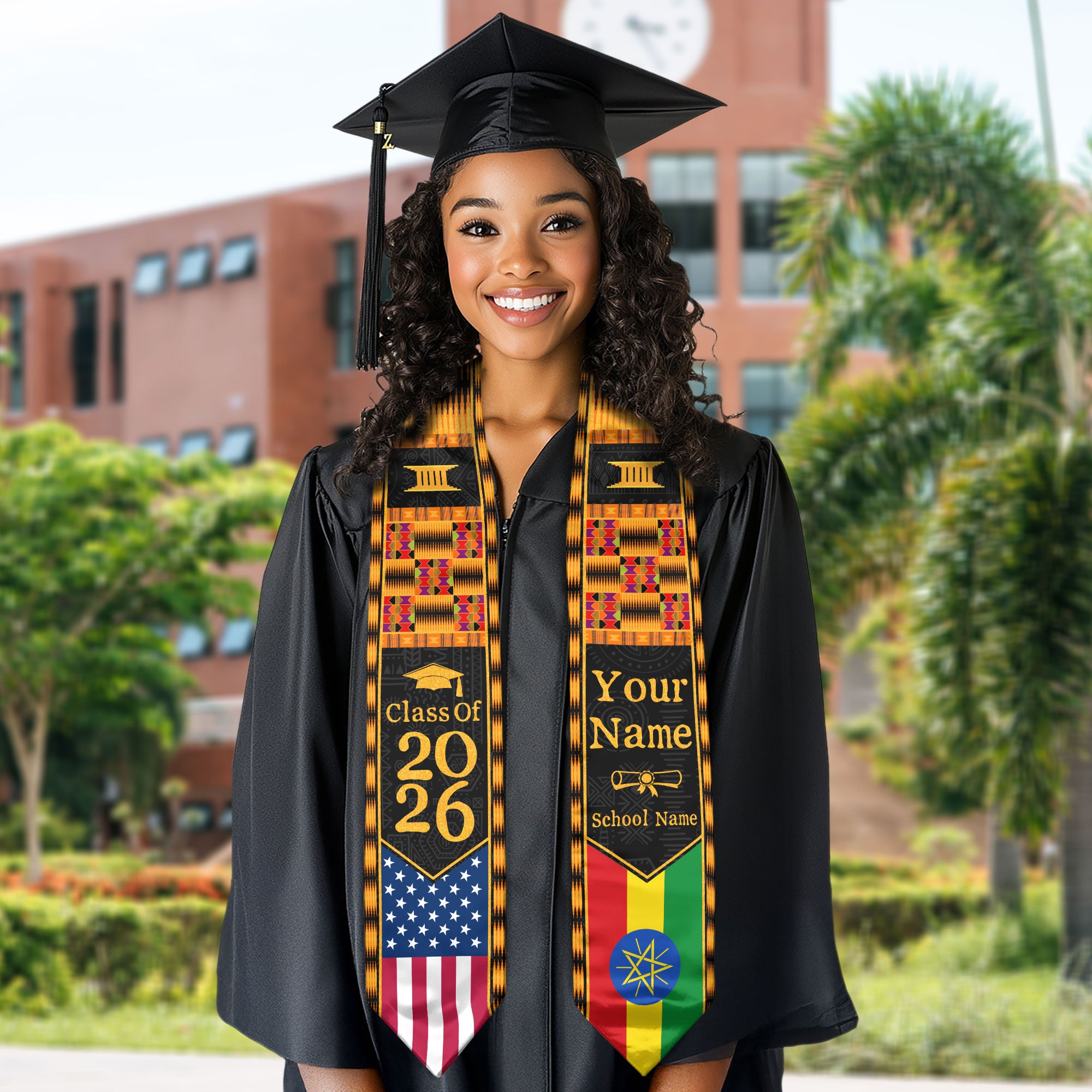 Customized Graduation Stole Ethiopia Showcasing Cultural Flag Pride Motif, Graduation Sash Class of 2026