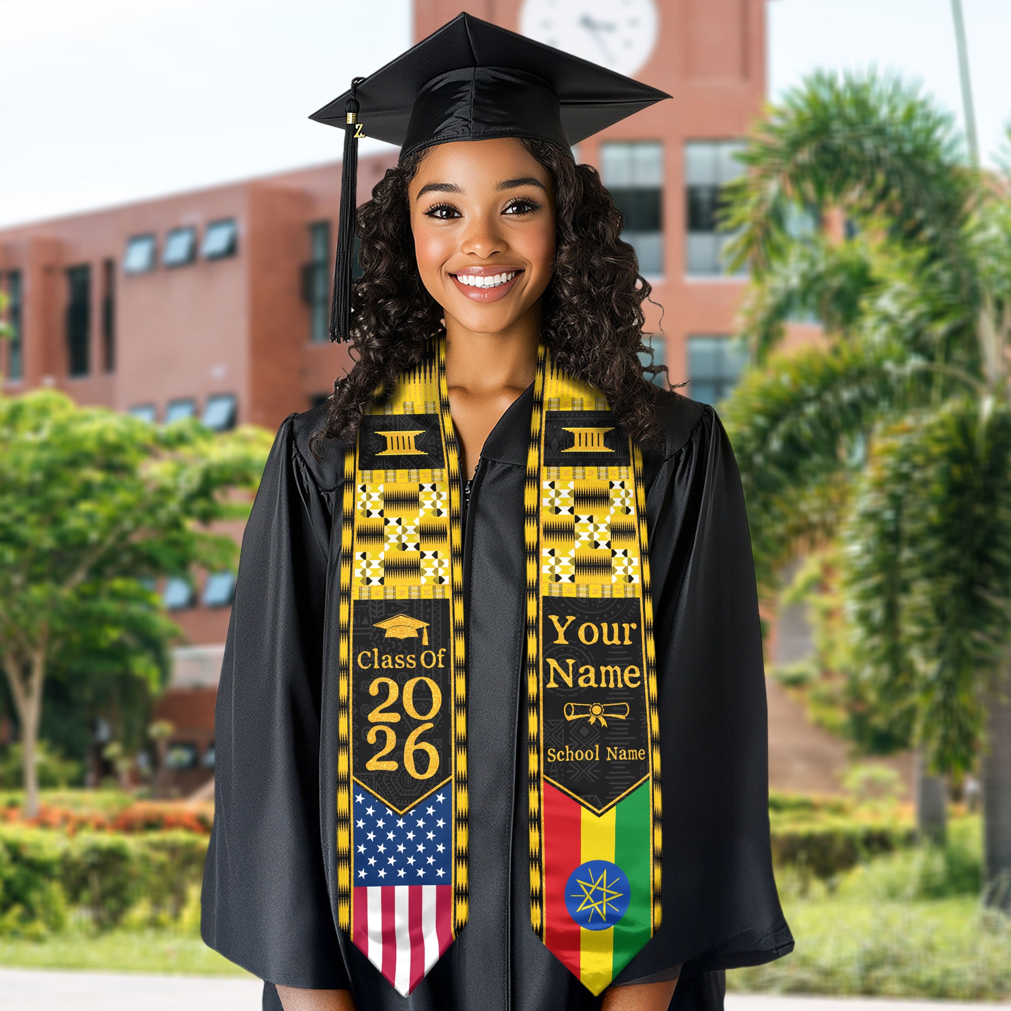 Customized Ethiopia Graduation Stole with Patriotic Flag Color Design, Graduation Sash 2026