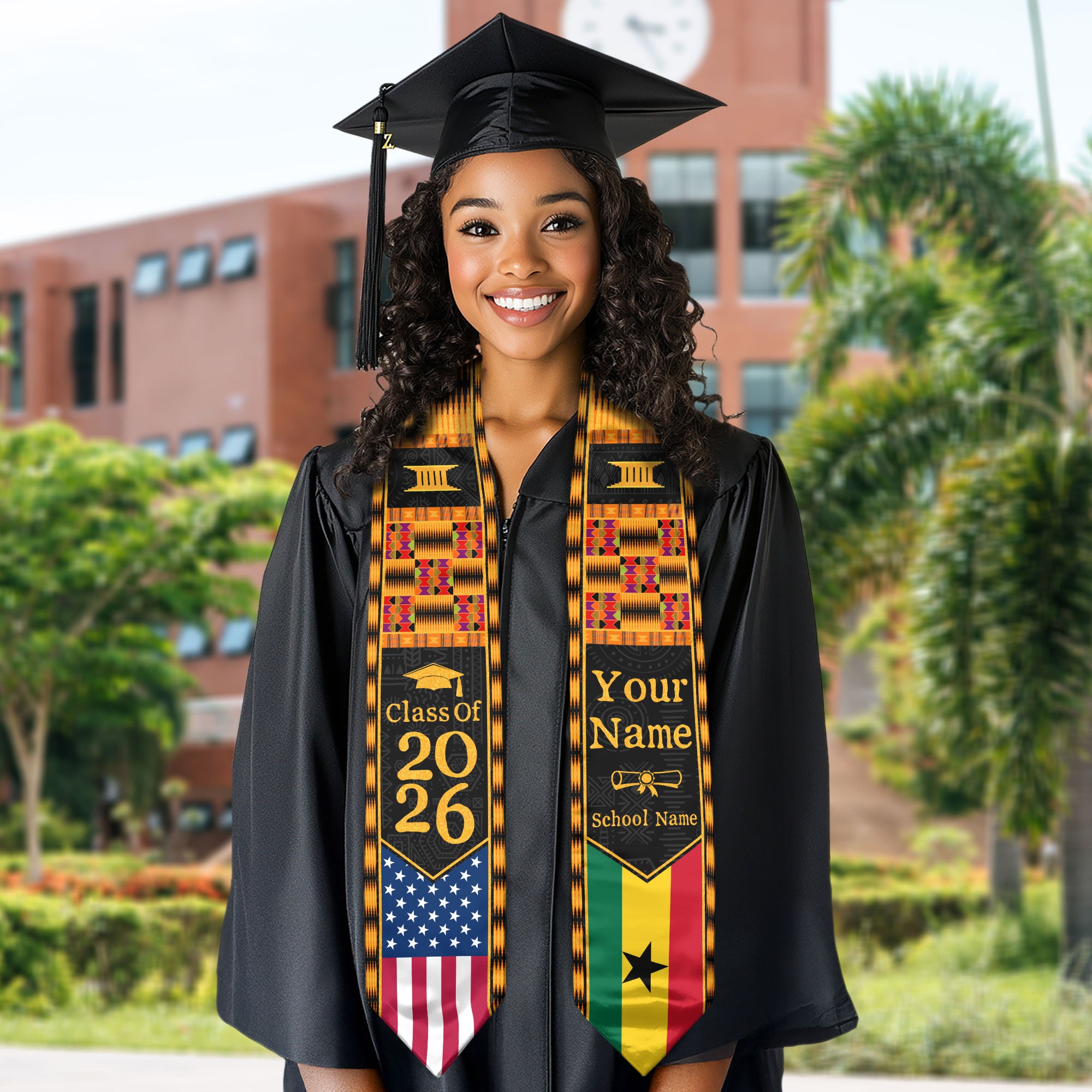 Customized Ghana Graduation Stole Showcasing Cultural Flag Pride Motif, Graduation Sash Class of 2026
