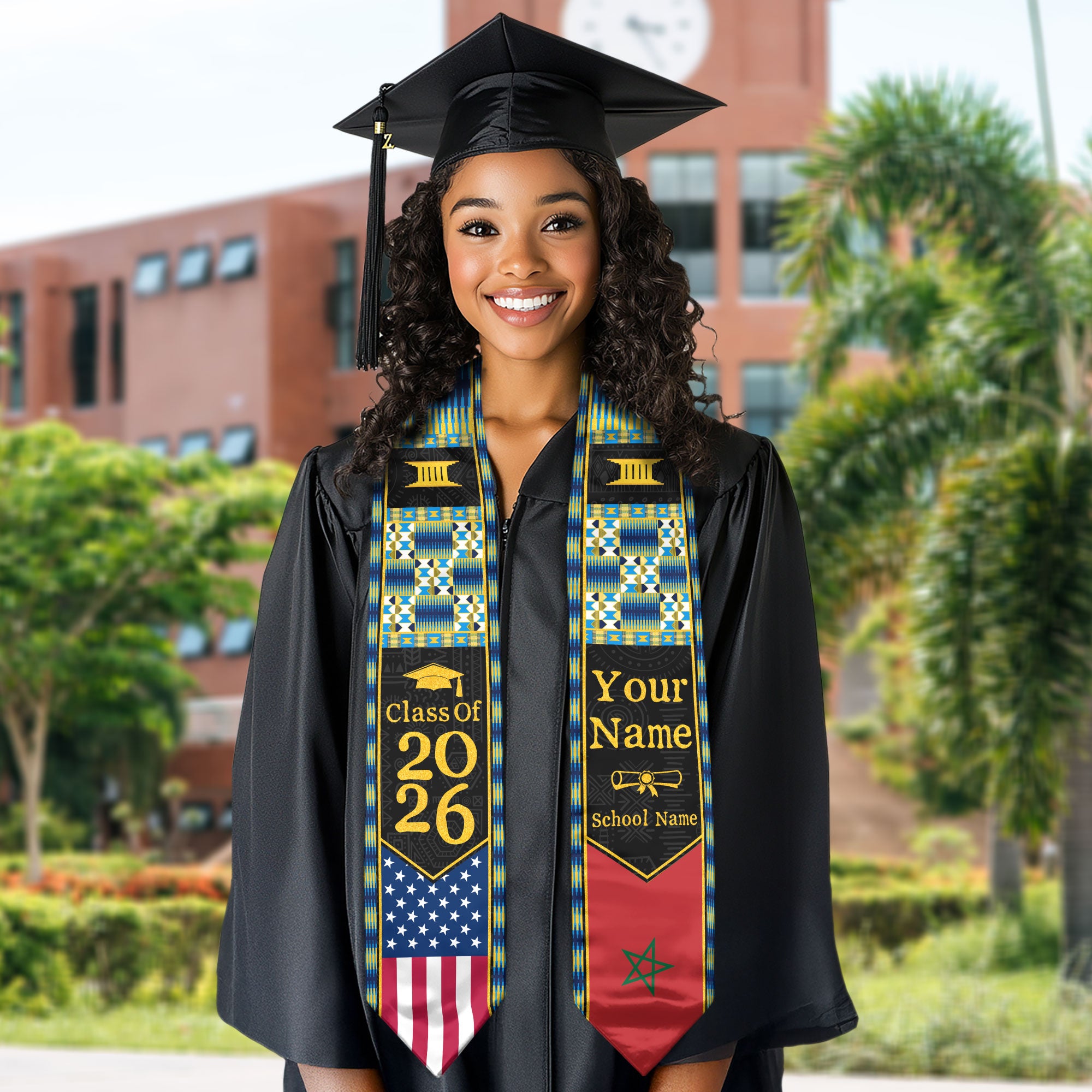 Customized Morocco Graduation Stole Featuring Moroccan Flag Heritage Pattern, Graduation Sash Class of 2026