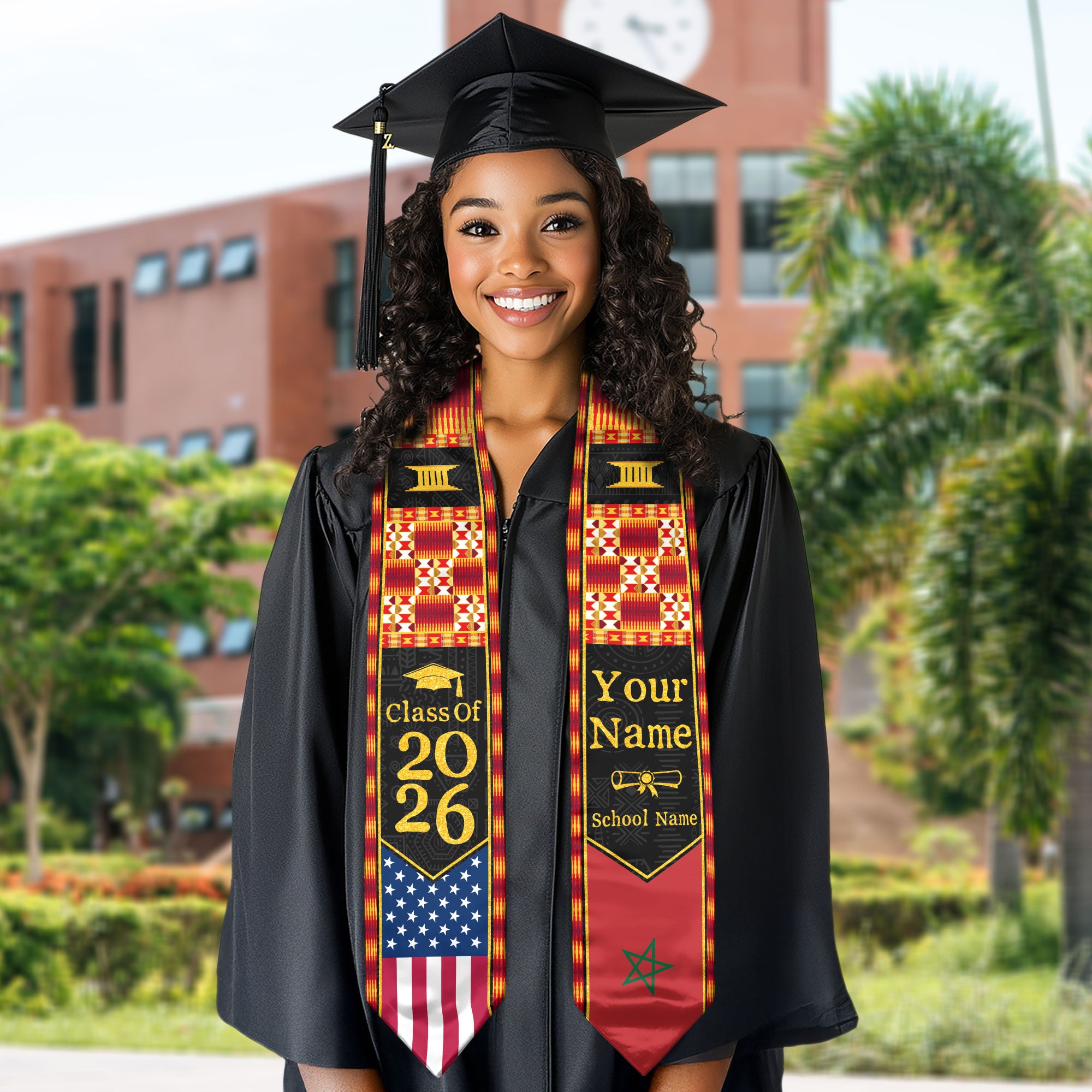 Customized Moroccan Graduation Stole Featuring Flag Pride Details, Graduation Sash Class of 2026