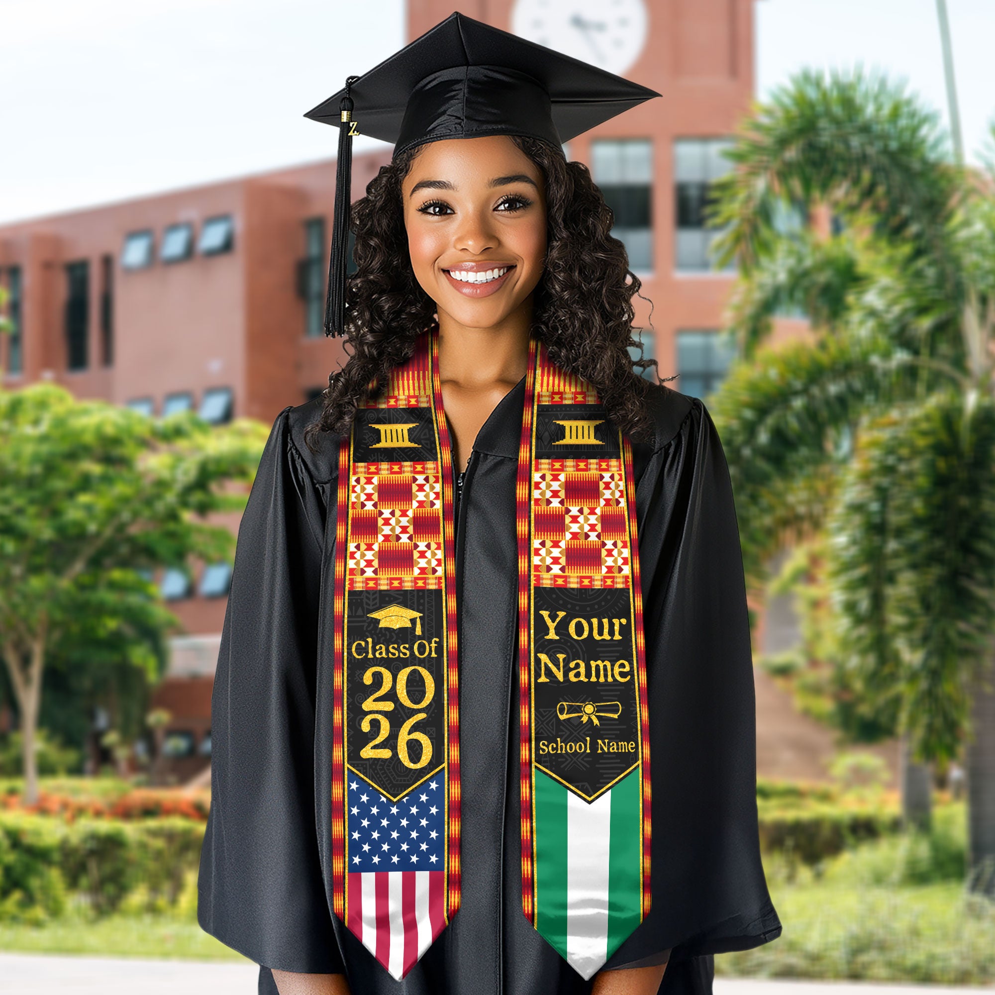 Customized Nigerian Graduation Stole Featuring Flag Identity Pattern, Graduation Sash Class of 2026