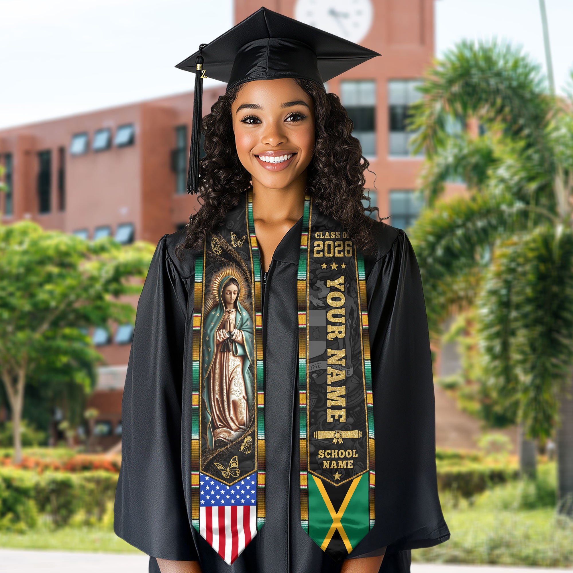 Jamaican Flag Graduation Sash 2026, Jamaica Graduation Stole, Custom Detail for Grads