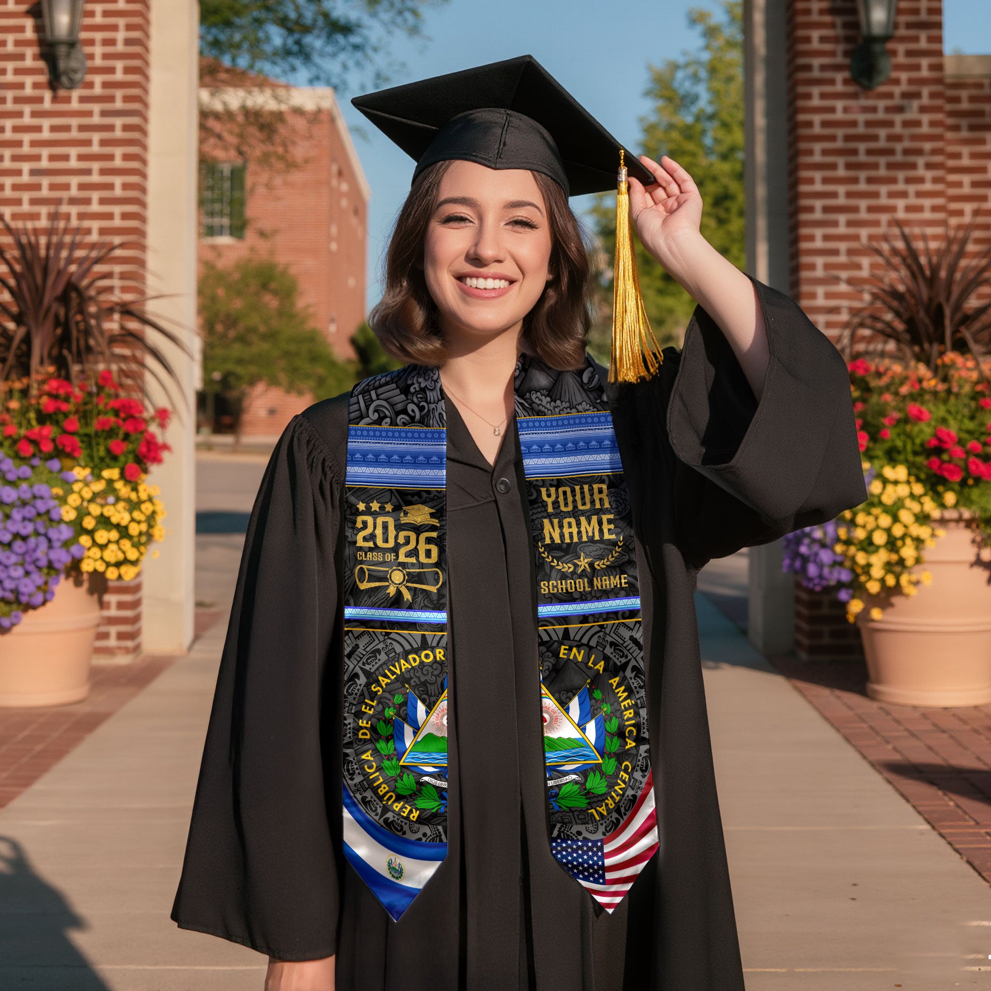 El Salvador Flag Graduation Stole 2026, Salvadoran Grad Sash, Signature Finish for 2026