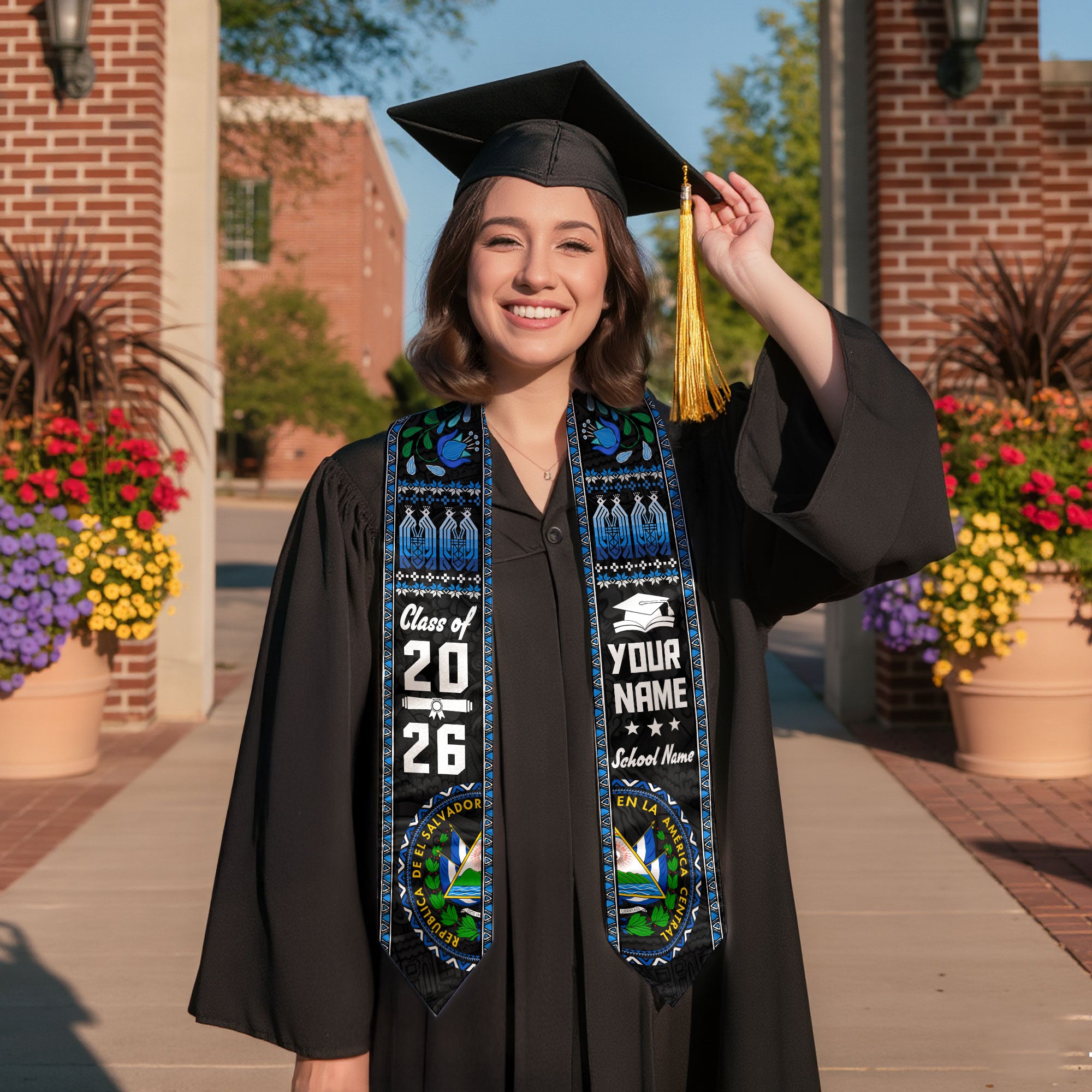 El Salvador Flag Graduation Stole 2026, Salvadoran Sash, Add Your Name Detail Option