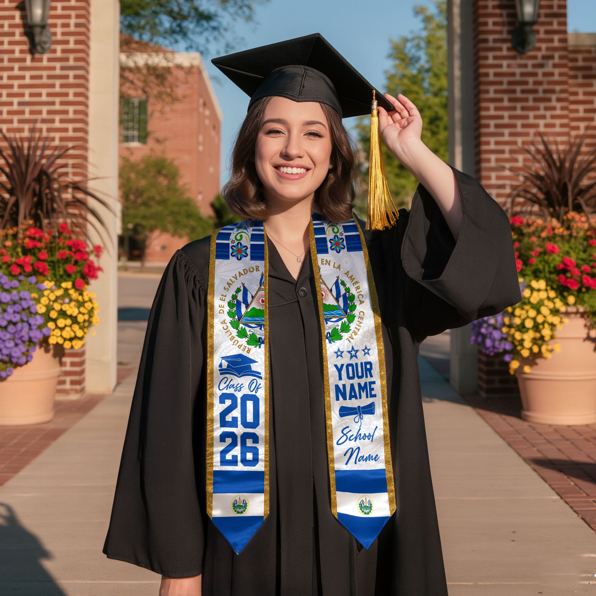 2026 El Salvador Graduation Sash, Salvadoran Flag Stole, Custom Detail Style for Grads