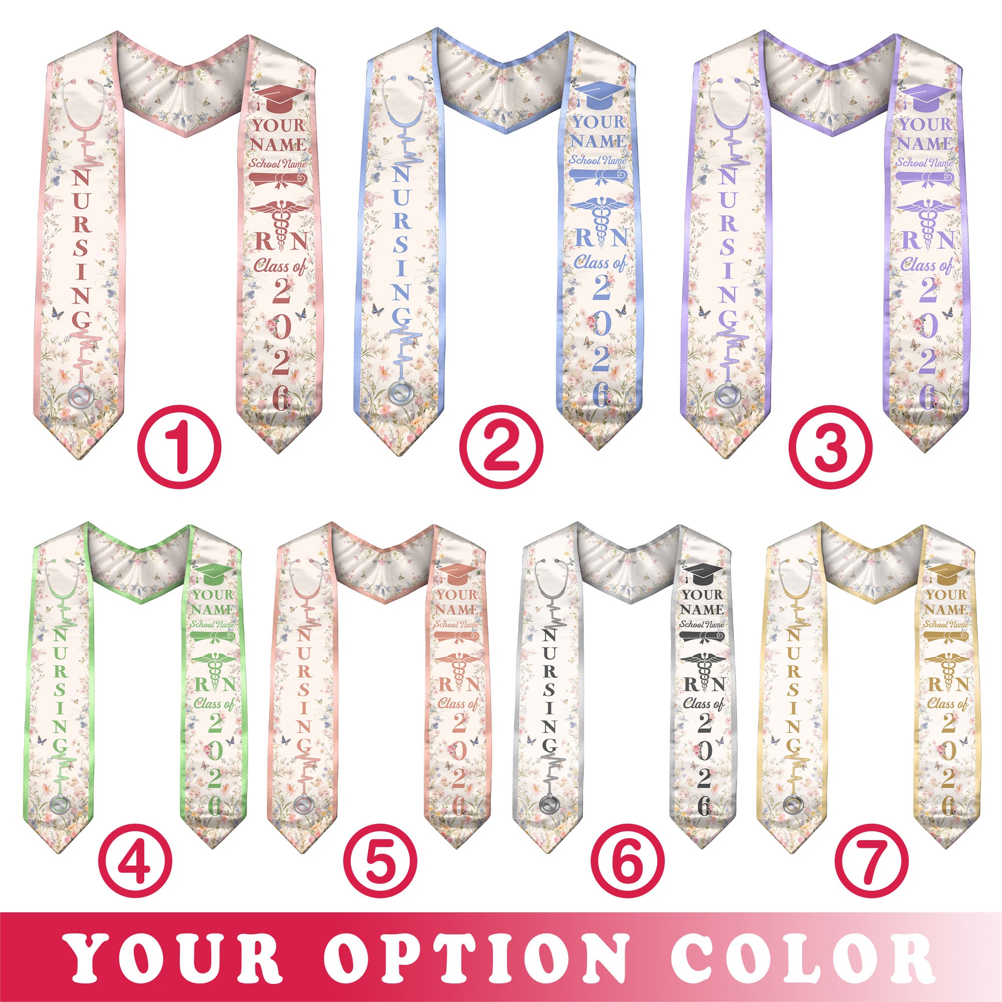 Customized Nursing Graduation Stole with RN Theme, BSN Nurse Commencement Sash for Class of 2026