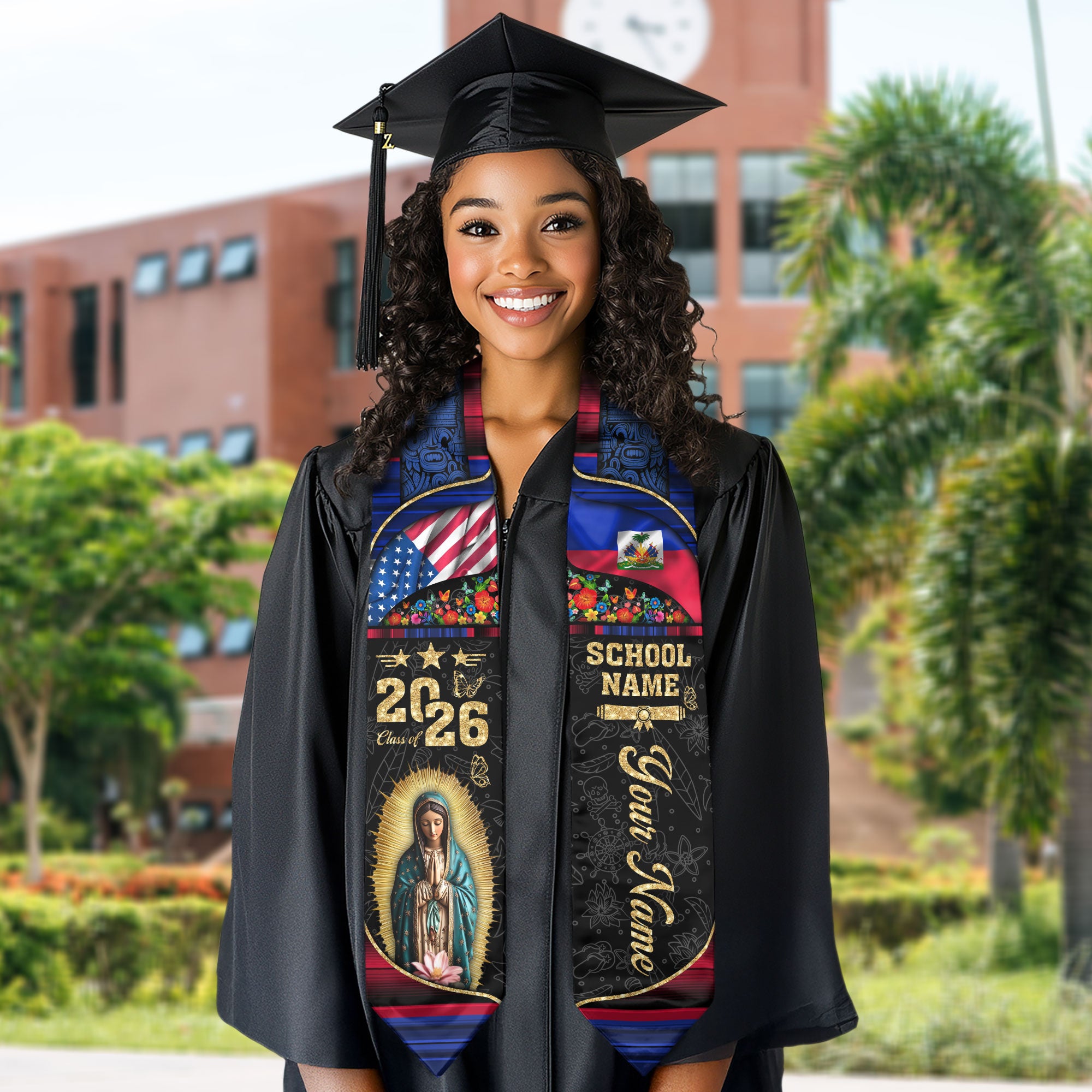 Customized Haiti Graduation Stole Featuring National Flag Pattern, Graduation Sash Class of 2026