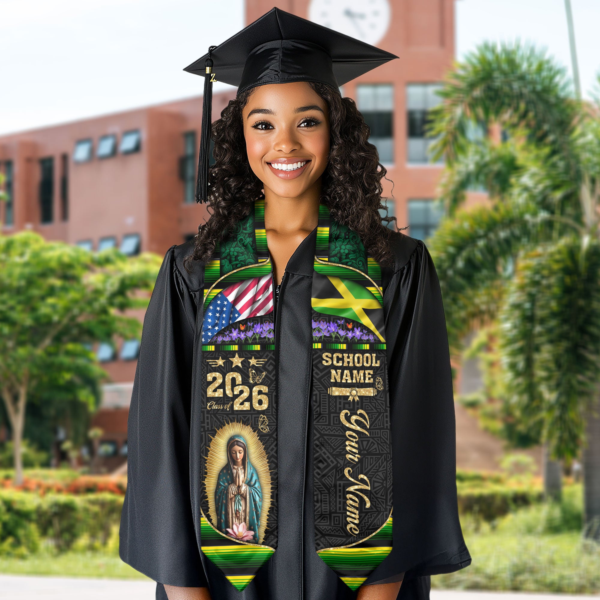 Customized Jamaica Graduation Stole Featuring Bold Flag Details, Graduation Sash Class of 2026