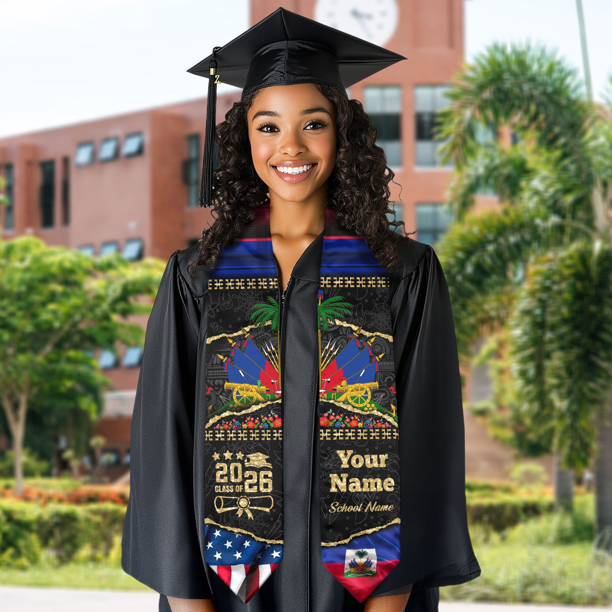 Customized Haiti Graduation Stole with Haitian Flag Elements, Graduation Sash for Class of 2026