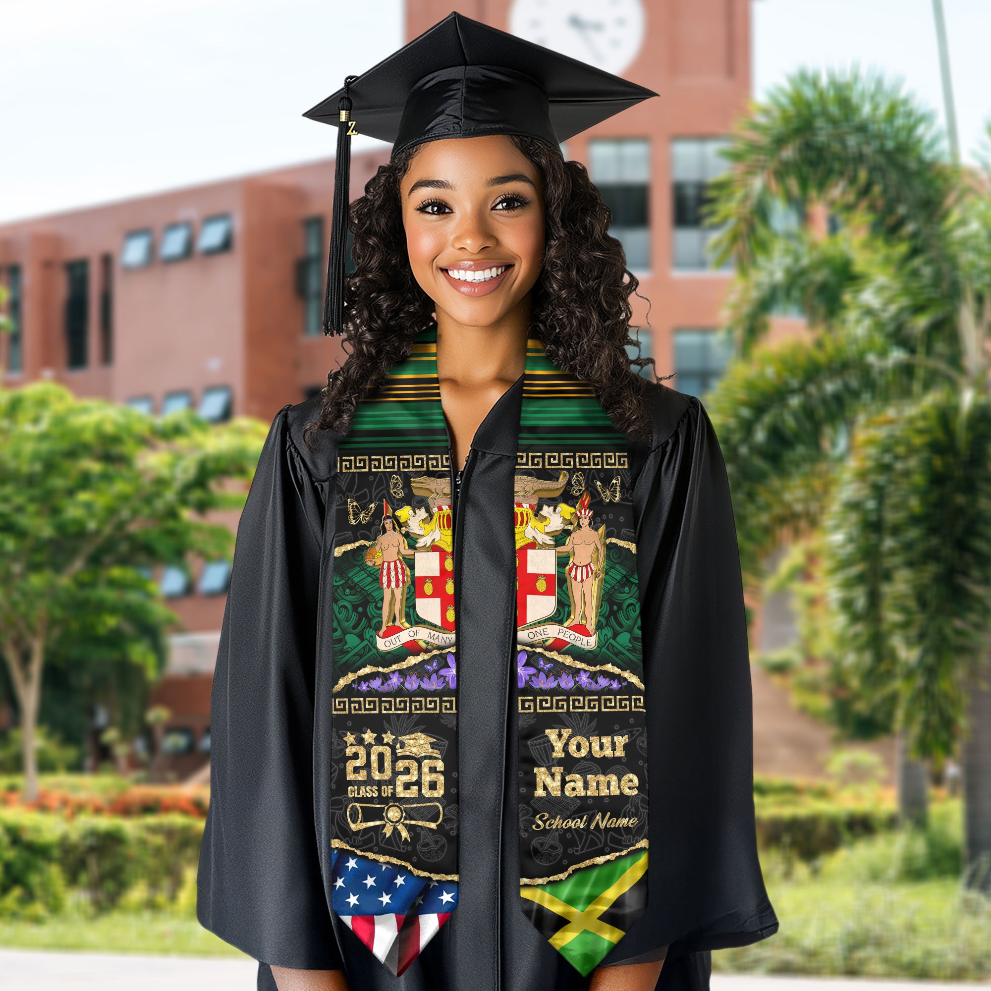 Customized Jamaica Graduation Stole with Cultural Flag Theme, Graduation Sash for Class of 2026