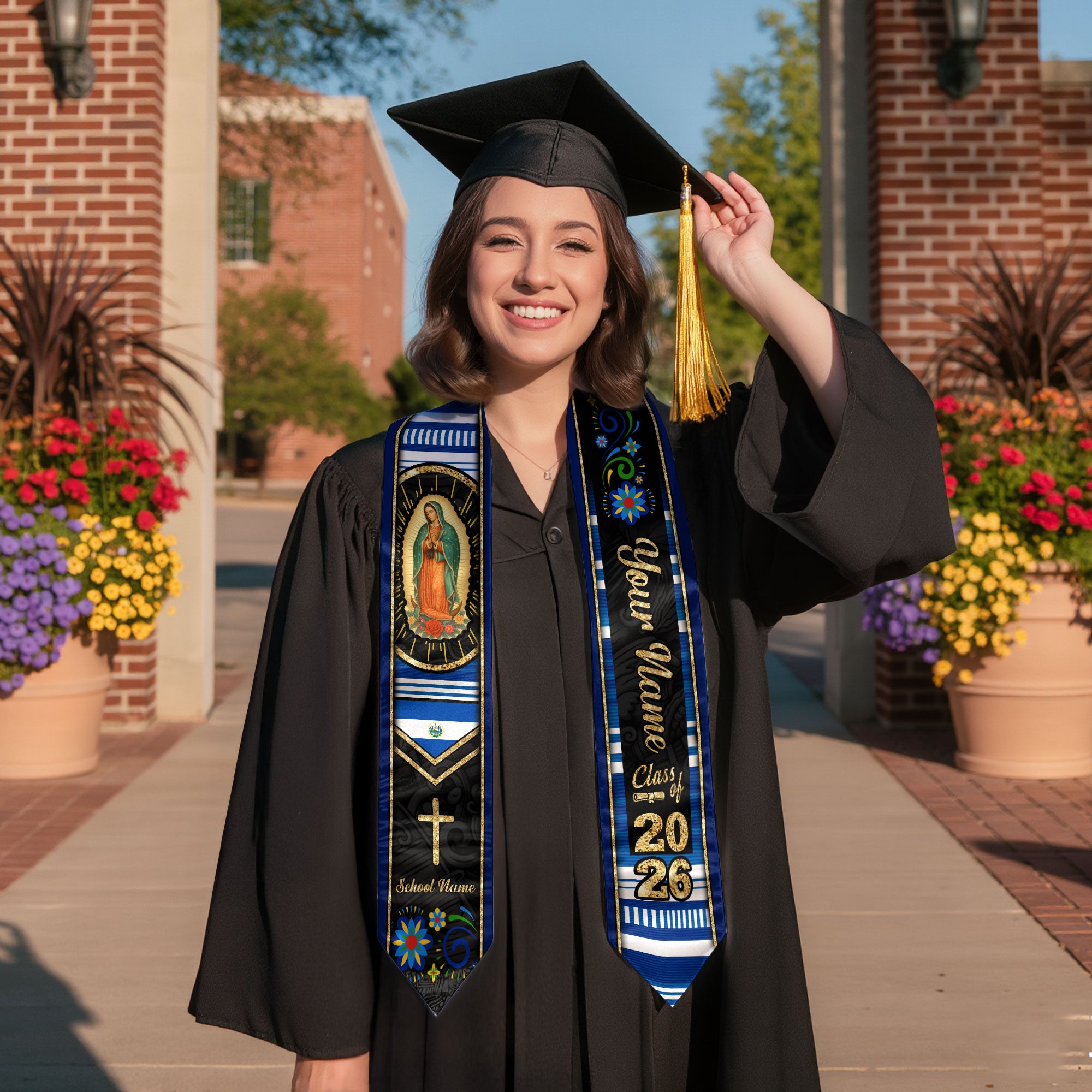 Customized El Salvador Graduation Stole Highlighting Salvadoran Flag Design, Graduation Sash for 2026