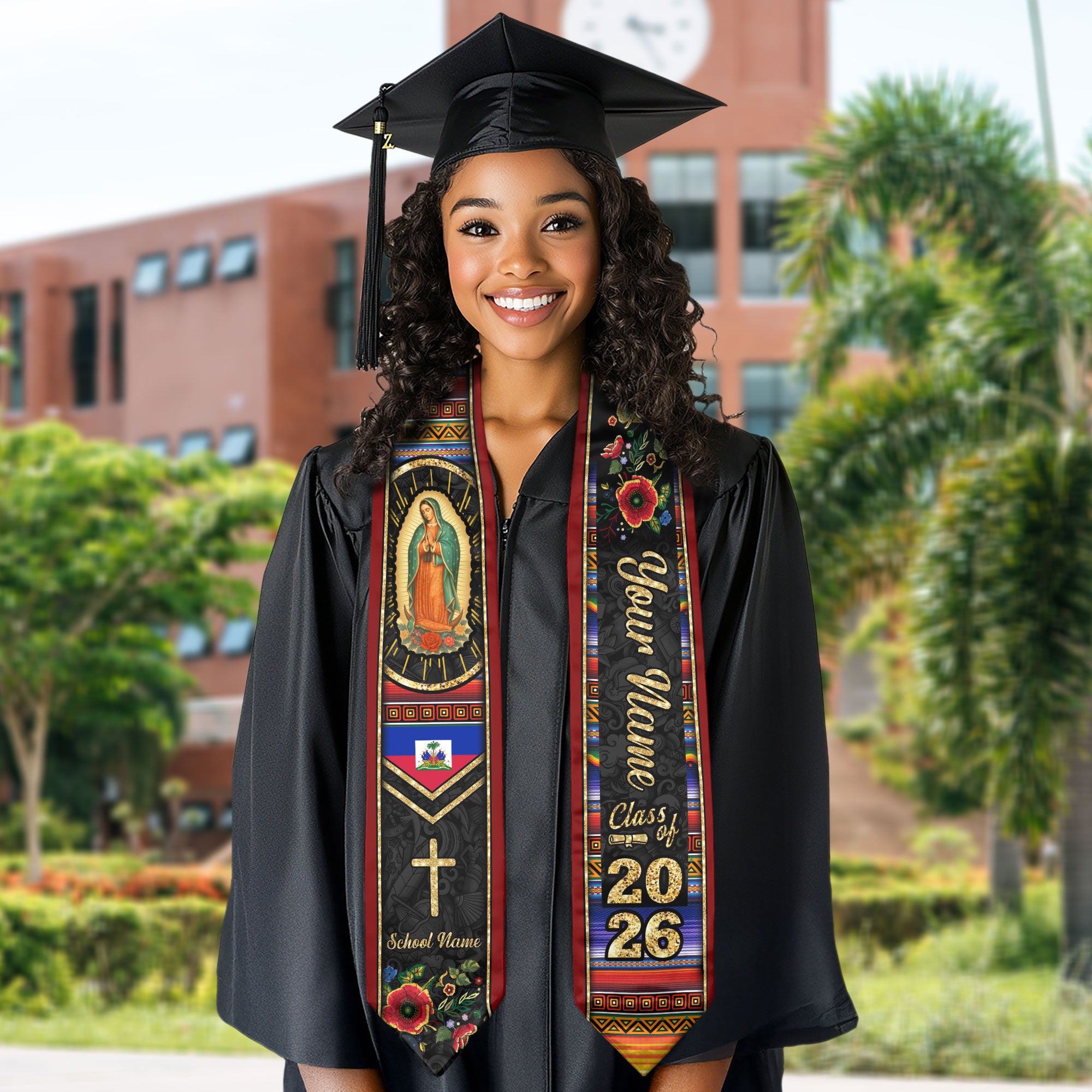 Customized Haiti Graduation Stole Featuring Haitian Flag Motif, Graduation Sash for the Class of 2026