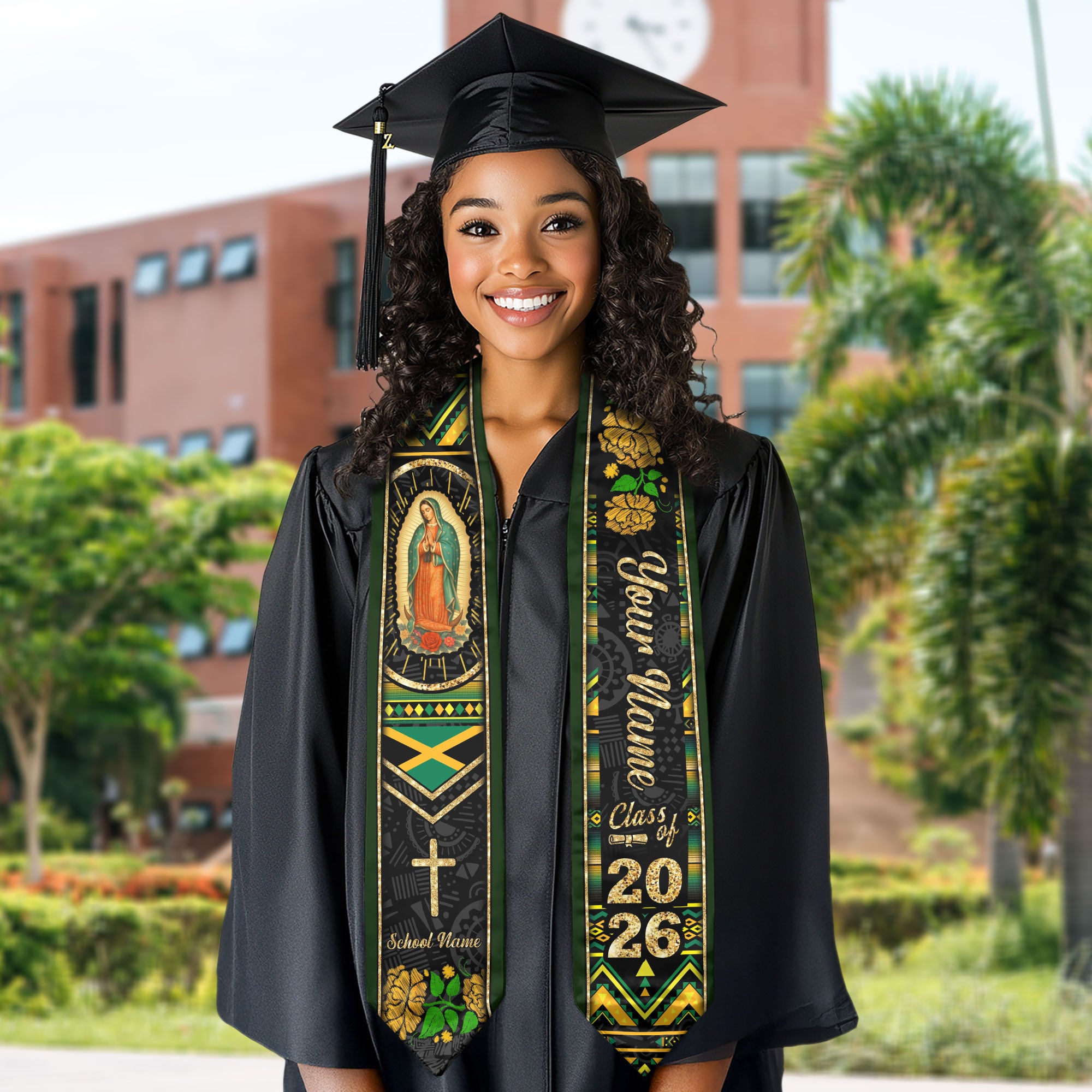 Customized Jamaica Graduation Stole Showcasing Jamaican Flag Colors, Graduation Sash for Class of 2026