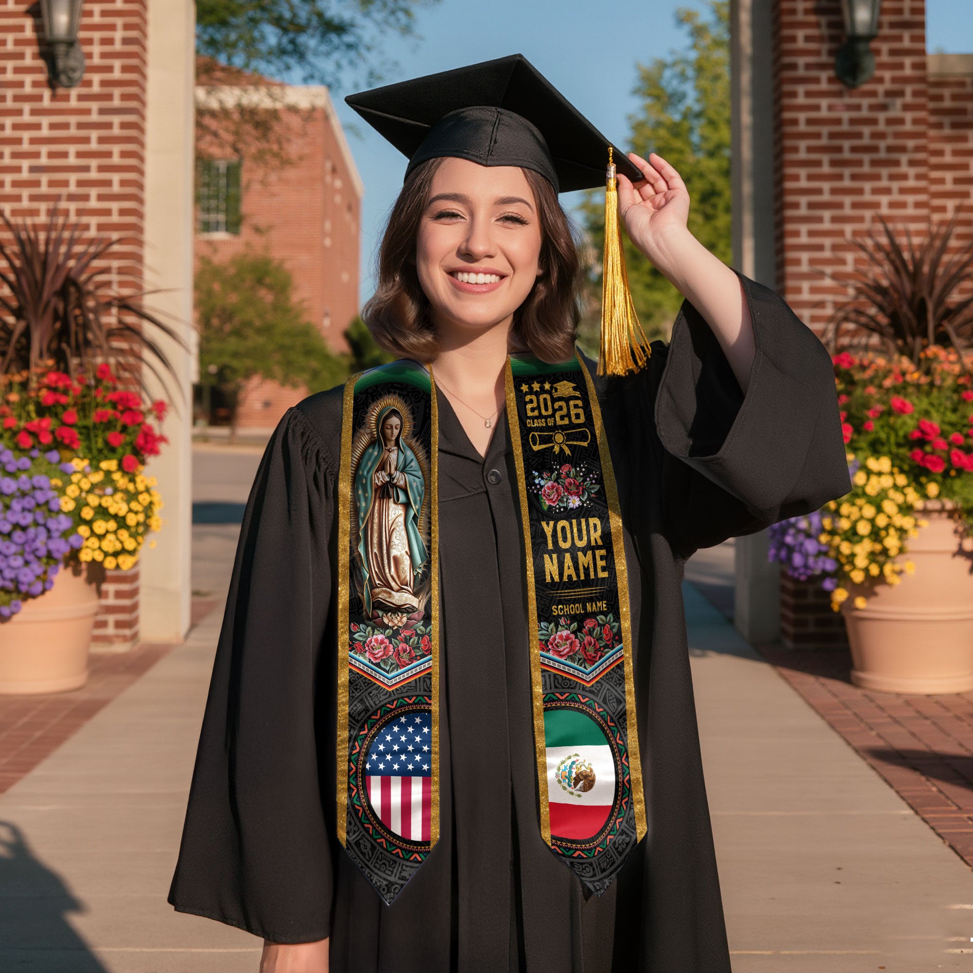 Customized Mexican Graduation Stole Showcasing National Flag Motif, Graduation Sash for Class of 2026