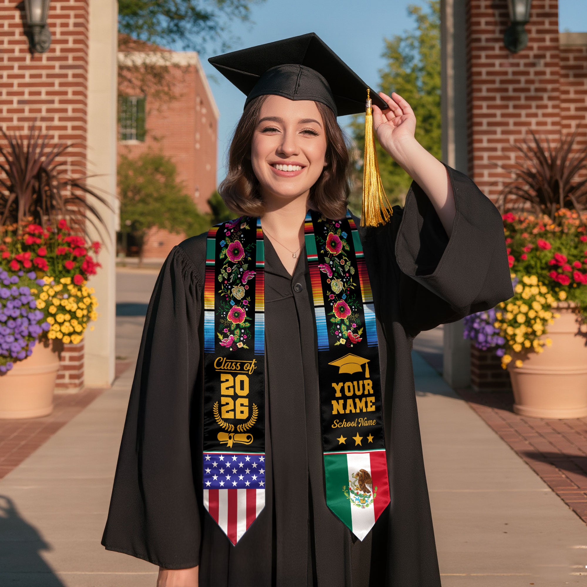 Mexico Flag Graduation Stole 2026, Mexican Graduation Sash, Optional Detail Add-On