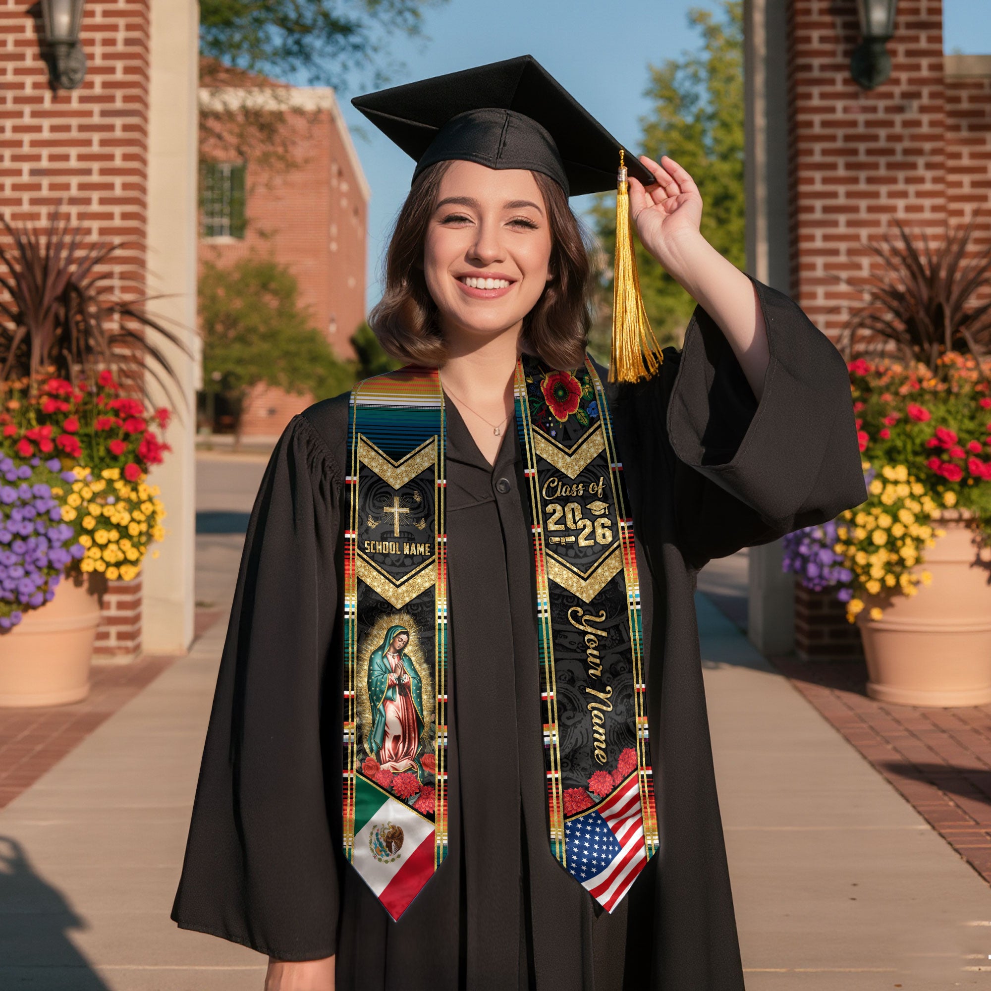Mexico Flag Graduation Stole 2026, Mexican Graduation Sash, Add Your Name Detail Option