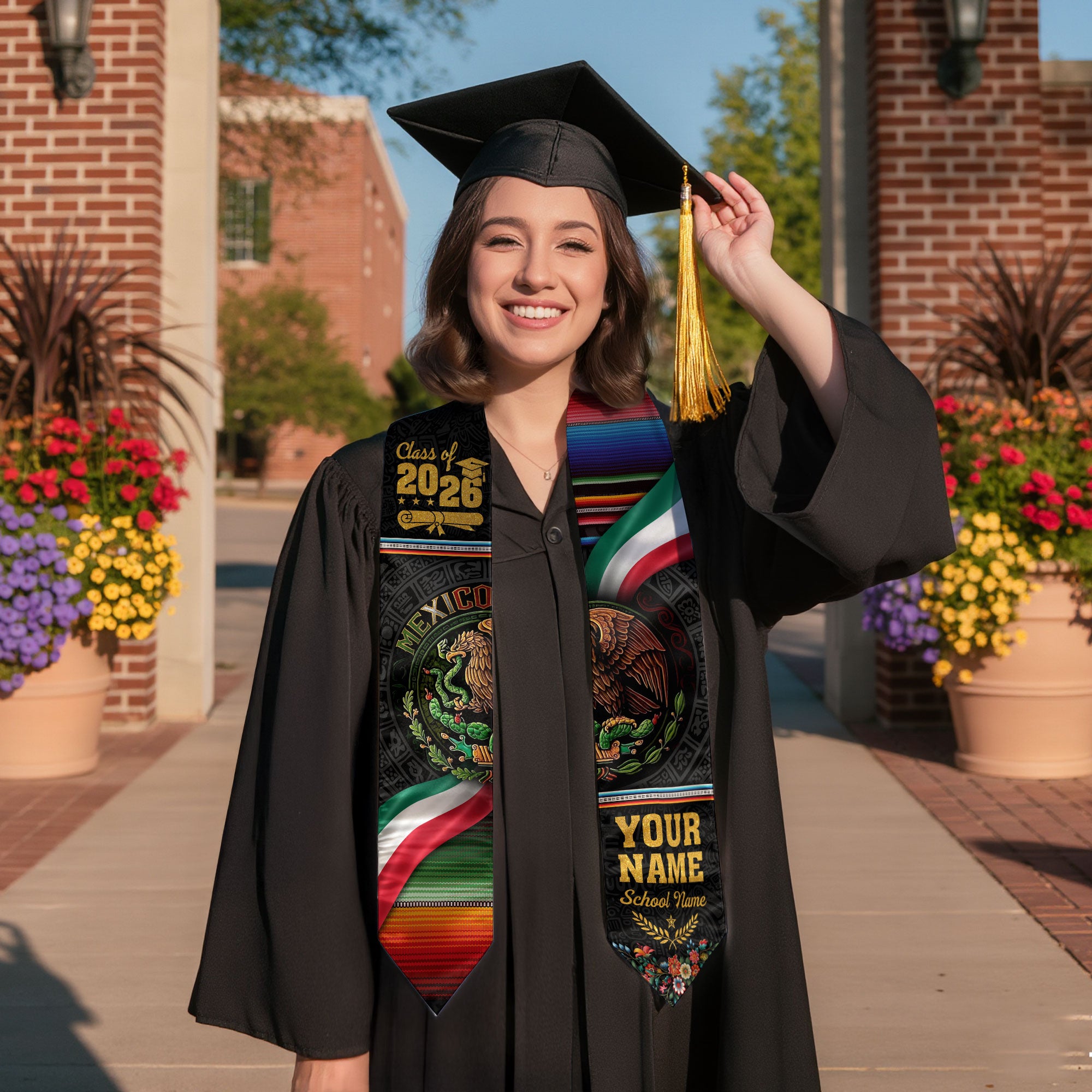 2026 Mexican Graduation Sash, Mexico Flag Stole, Choose Name & Year Detail for Graduates