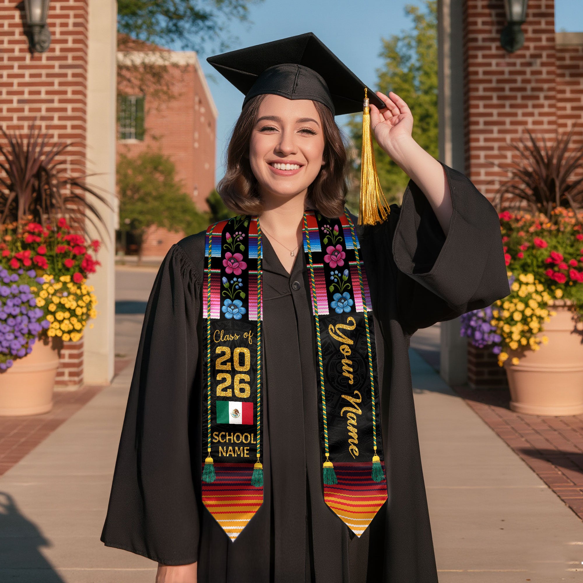 Customized Mexican Flag Graduation Stole 2026, Mexico Graduation Sash for Commencement Class of 2026