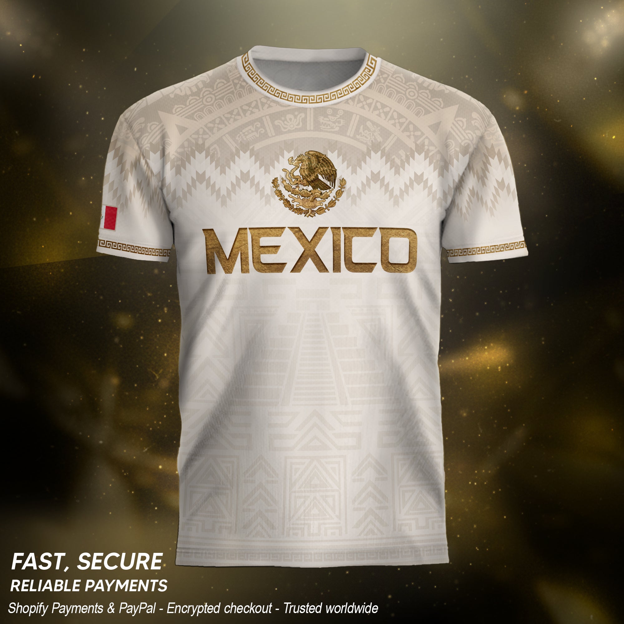 Hung Test Mexico Heritage Orgullo Mexicano Beige Gold Aztec Pyramid Sun Stone Soccer Jersey