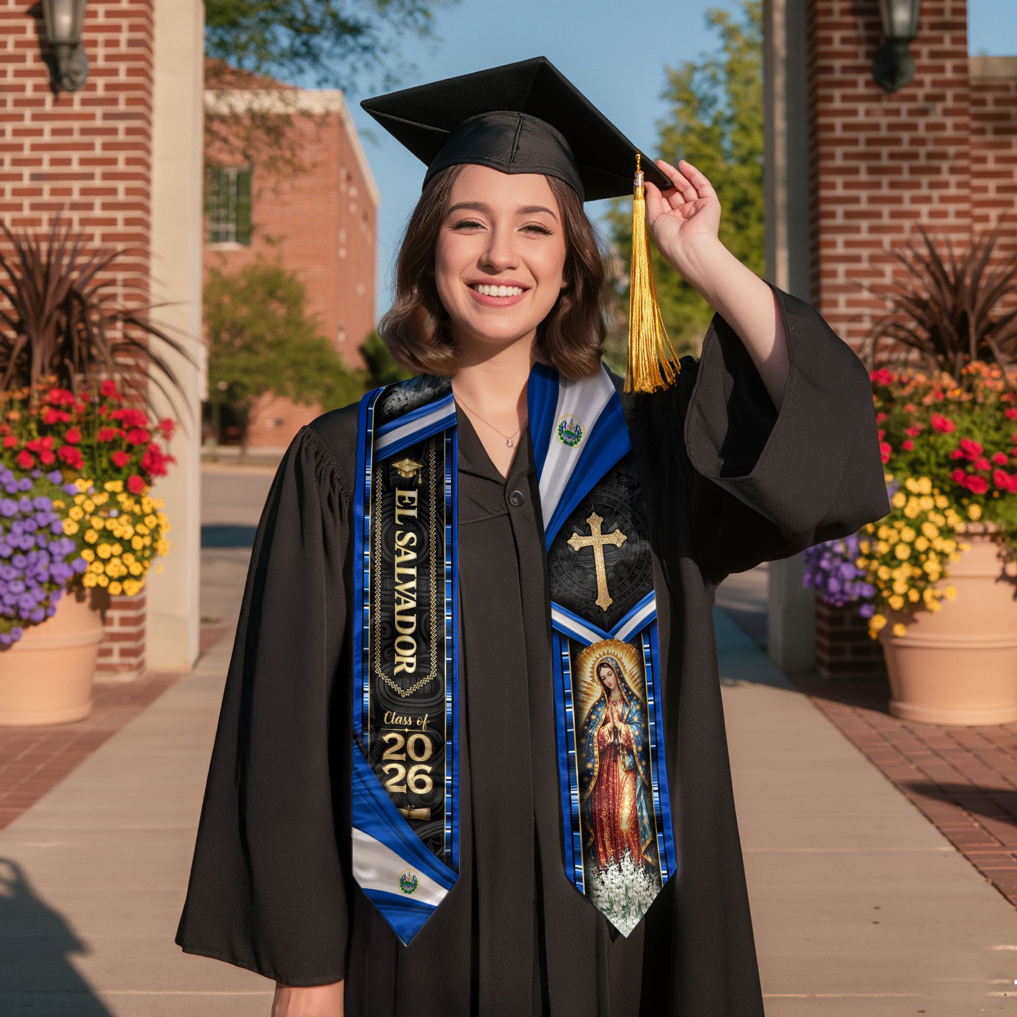 El Salvador Graduation Stole 2026 - Virgin Mary & Cross Class of 2026 Sash