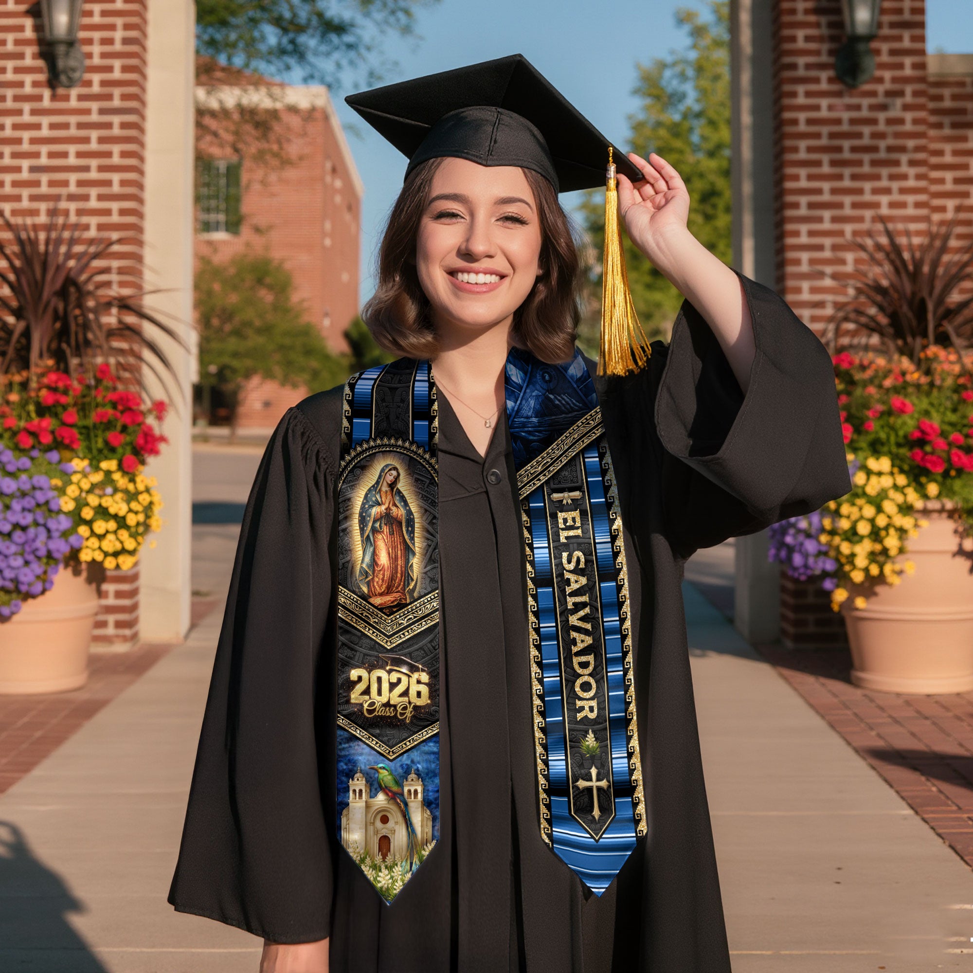 El Salvador Graduation Stole 2026 - Virgin Mary & Torogoz Bird Heritage Sash