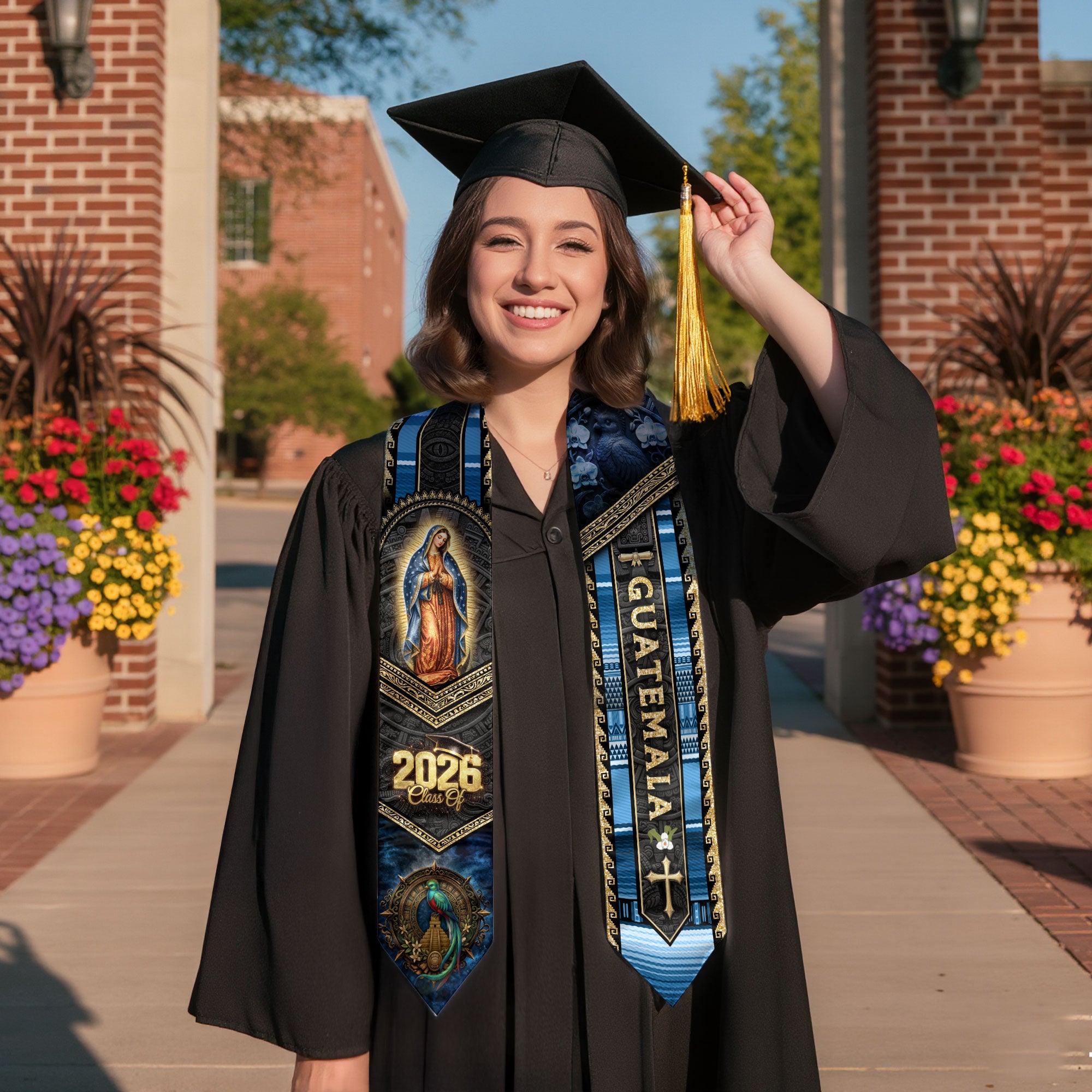 Guatemala Graduation Stole 2026 Catholic Virgin Mary Graduation Sash Blue Gold Cultural Design