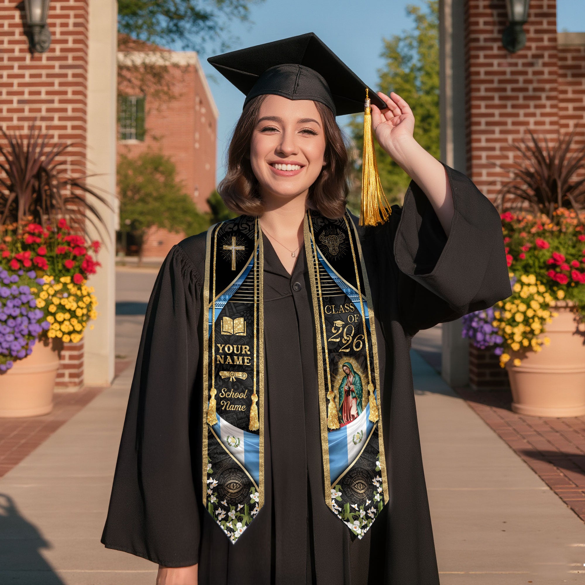 Customized Guatemala Graduation Stole Class of 2026 Name School Year Virgin Mary Cross Cultural Design