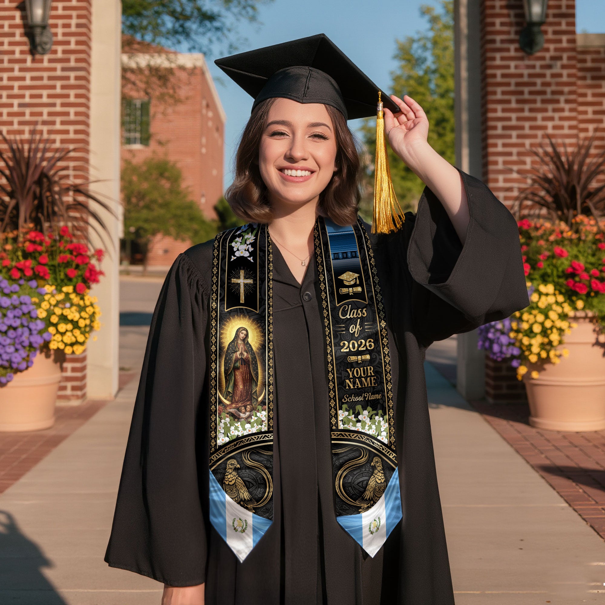 Customized Guatemala Graduation Stole Class of 2026 Name School Catholic Virgin Mary Quetzal Heritage Design