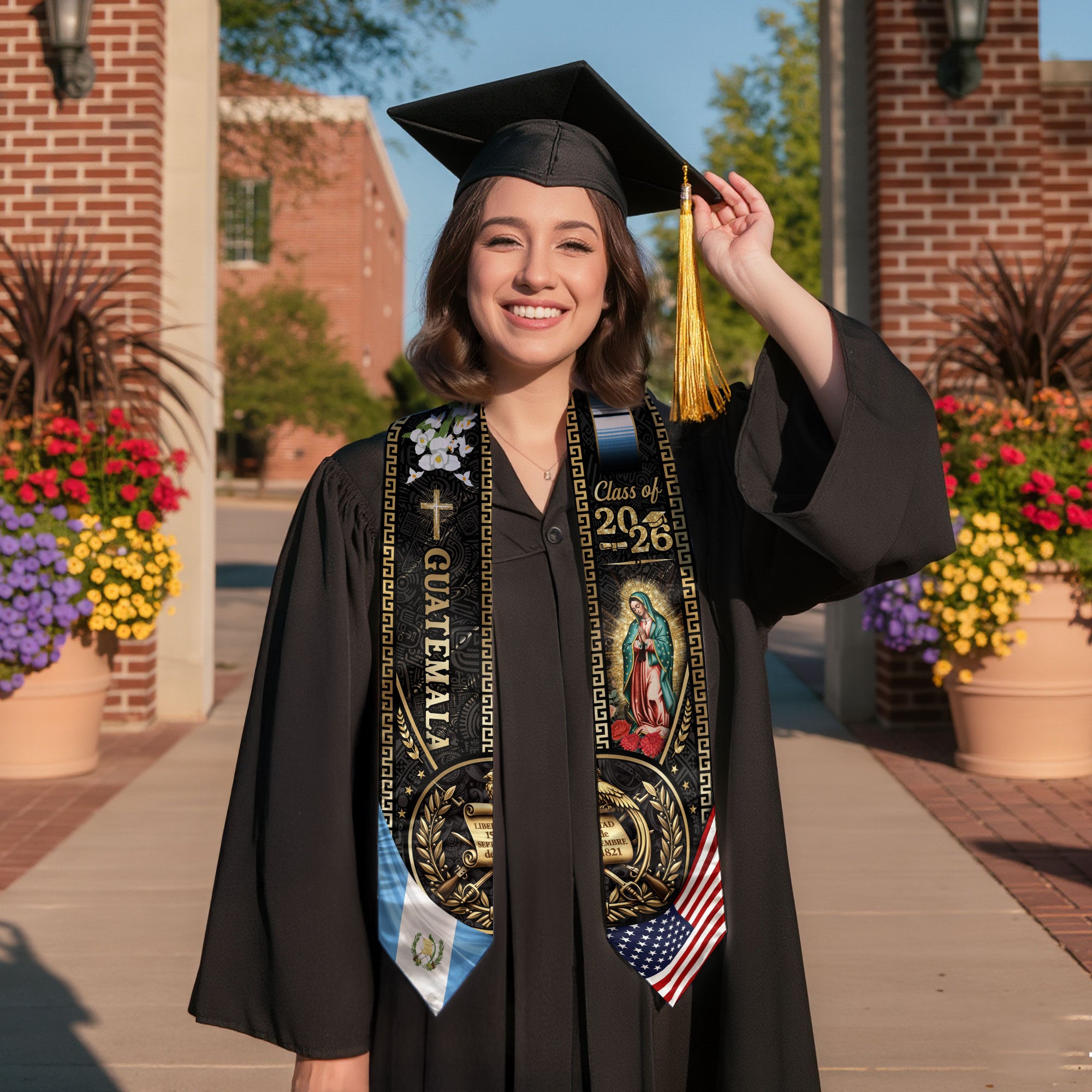 Guatemala Graduation Stole 2026, USA Guatemala Flag Graduation Sash, Catholic Virgin Mary Classic Academic Design