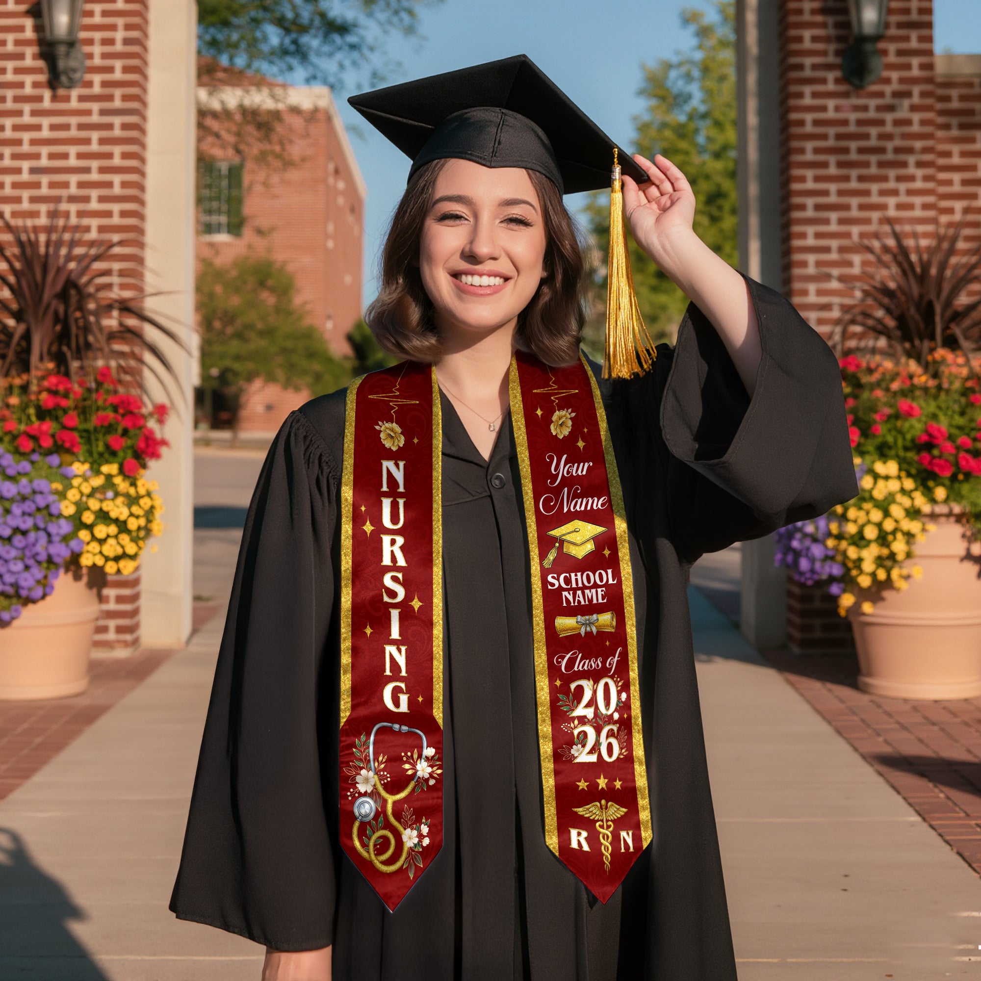 RN Nursing Graduation Stole, Class of 2026, Custom Name School, Stethoscope Pattern, Sash Gift