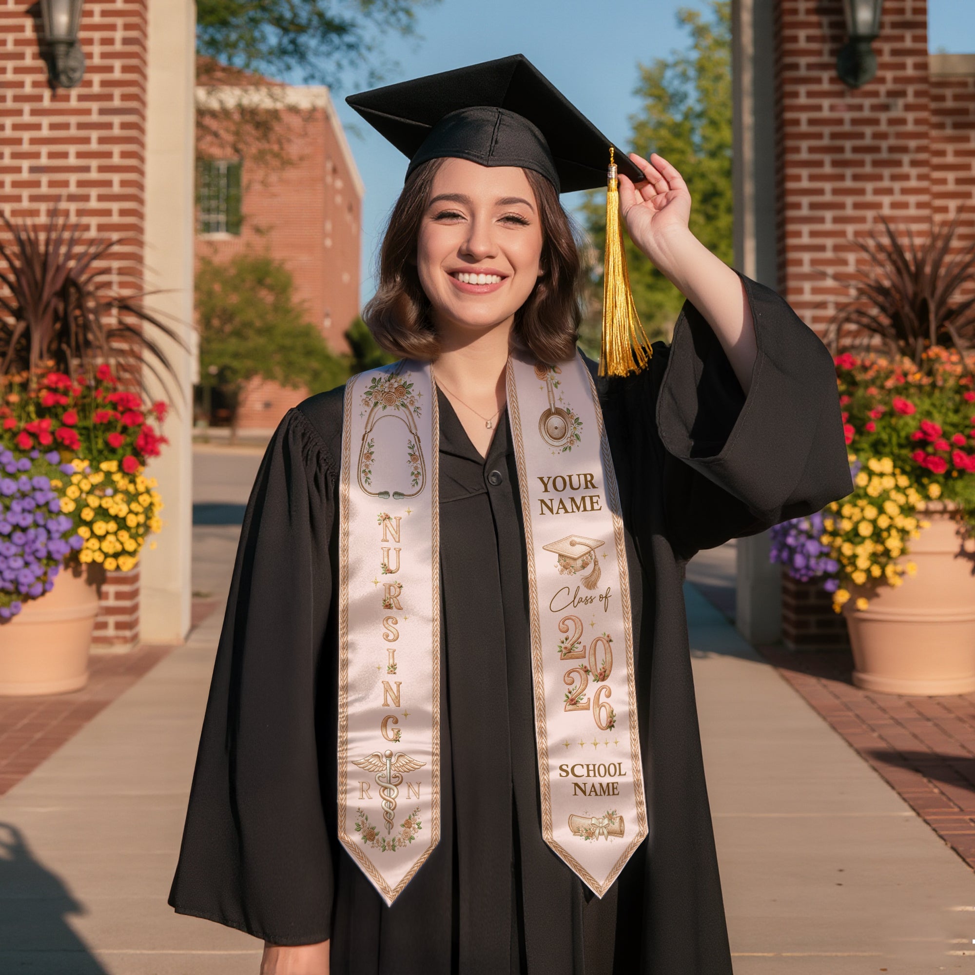 RN Nursing Stole Class of 2026, Personalized Graduation Sash, Custom Name School Detail, Elegant Medical Motif Gift