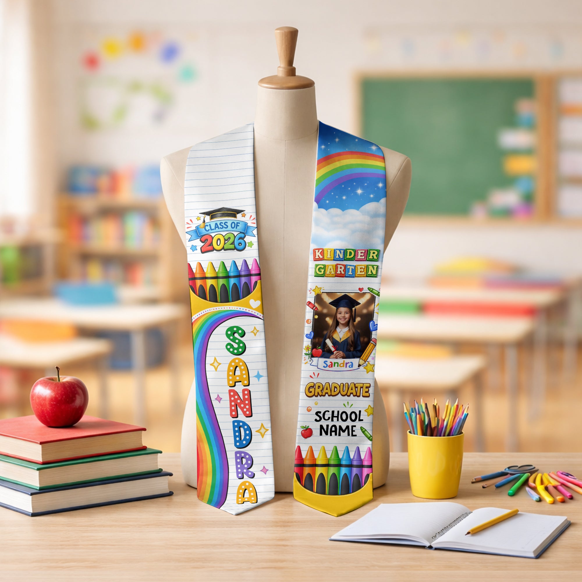 Custom Photo Graduation Stole Kids - Colorful Crayon Rainbow Sash 2026